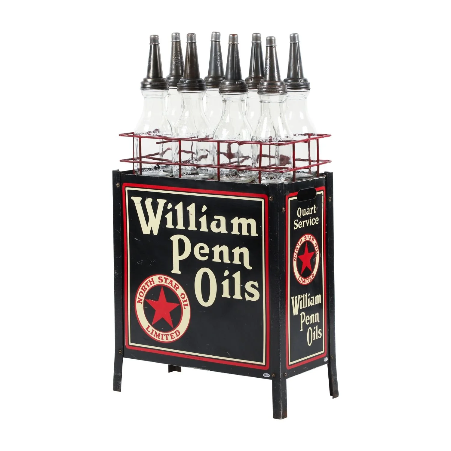 North Star William Penn Motor Oil Rack: Canadian painted-metal oil display dating to 1929–1939, complete with eight quart bottles (CA$6,050).