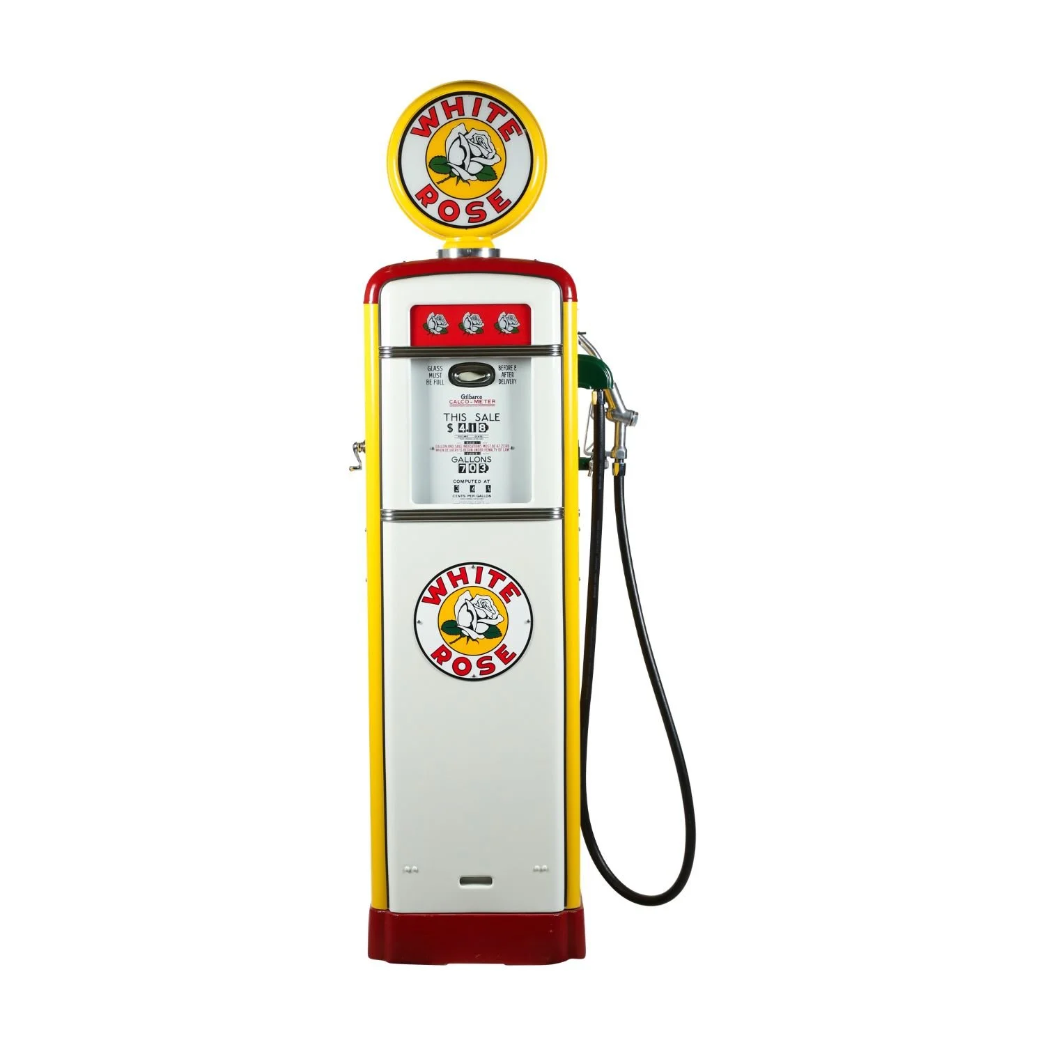 Gilbert &amp; Barker Model 296 Gas Pump in White Rose: Professionally restored 1938 Canadian gas pump retaining its original data plate and cast-iron base (CA$5,445).