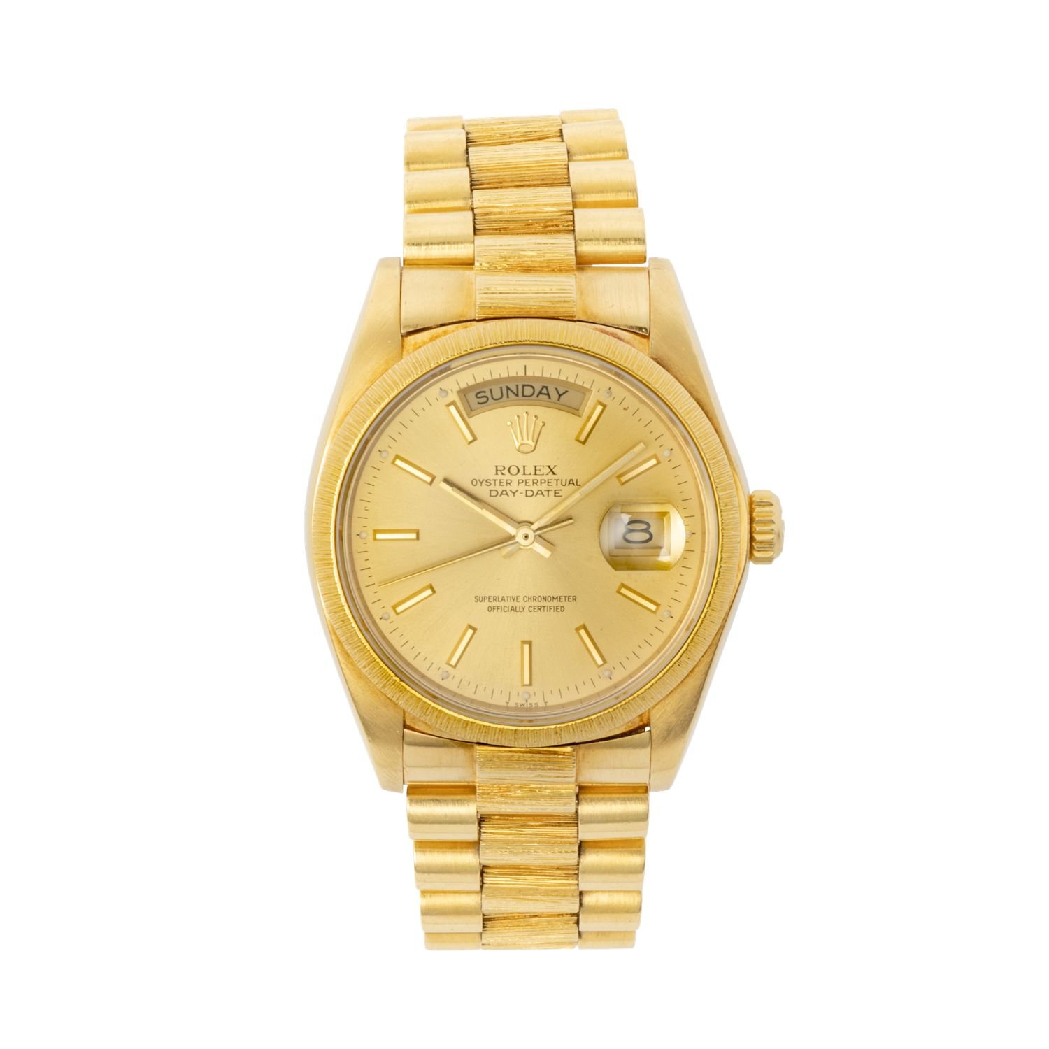 Rolex Day-Date Ref. 18078 “President,” circa 1980, with factory bark-finish bezel and bracelet. Estimate: CA$22,000–28,000.