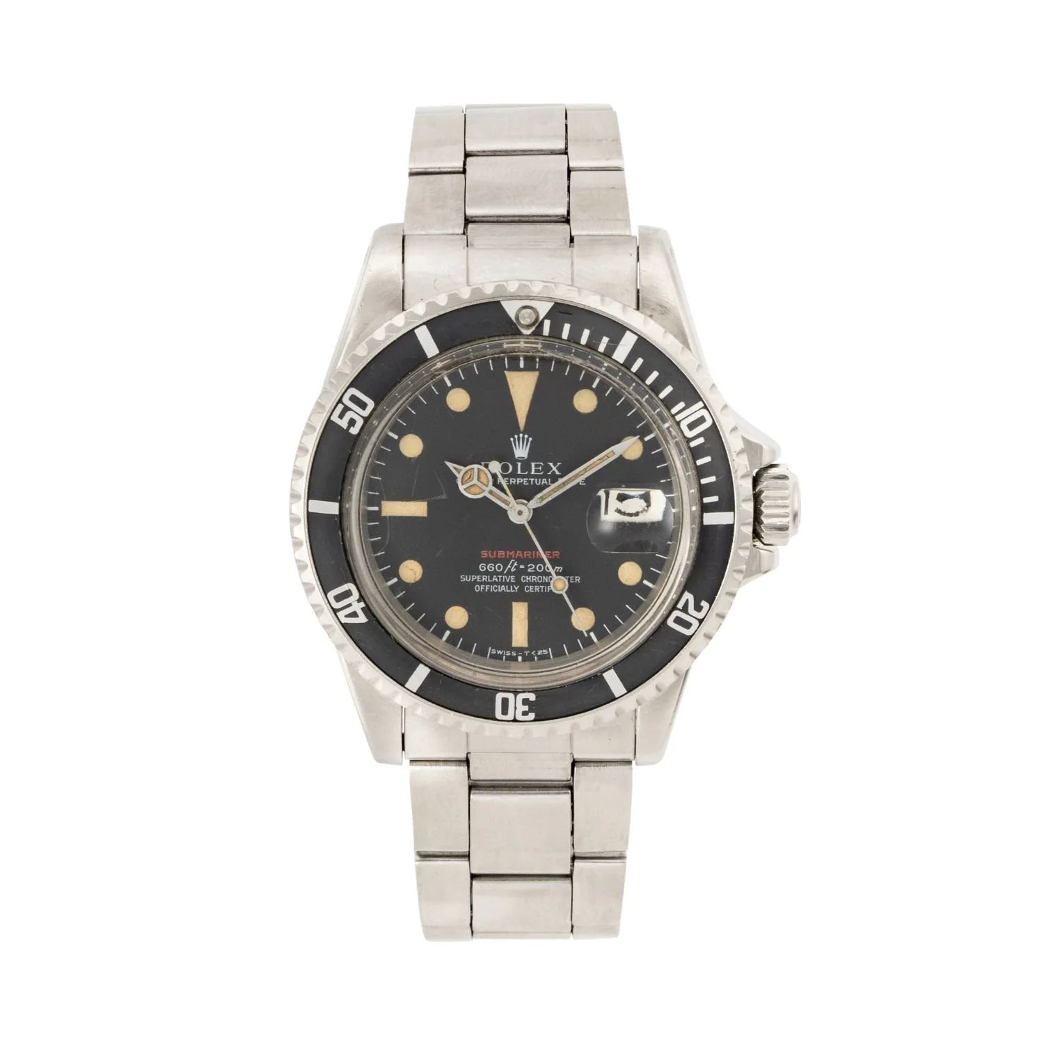 Rolex “Red” Submariner Ref. 1680 with red dial text, warm patina, and period-correct Oyster bracelet. Estimate: CA$20,000–25,000.