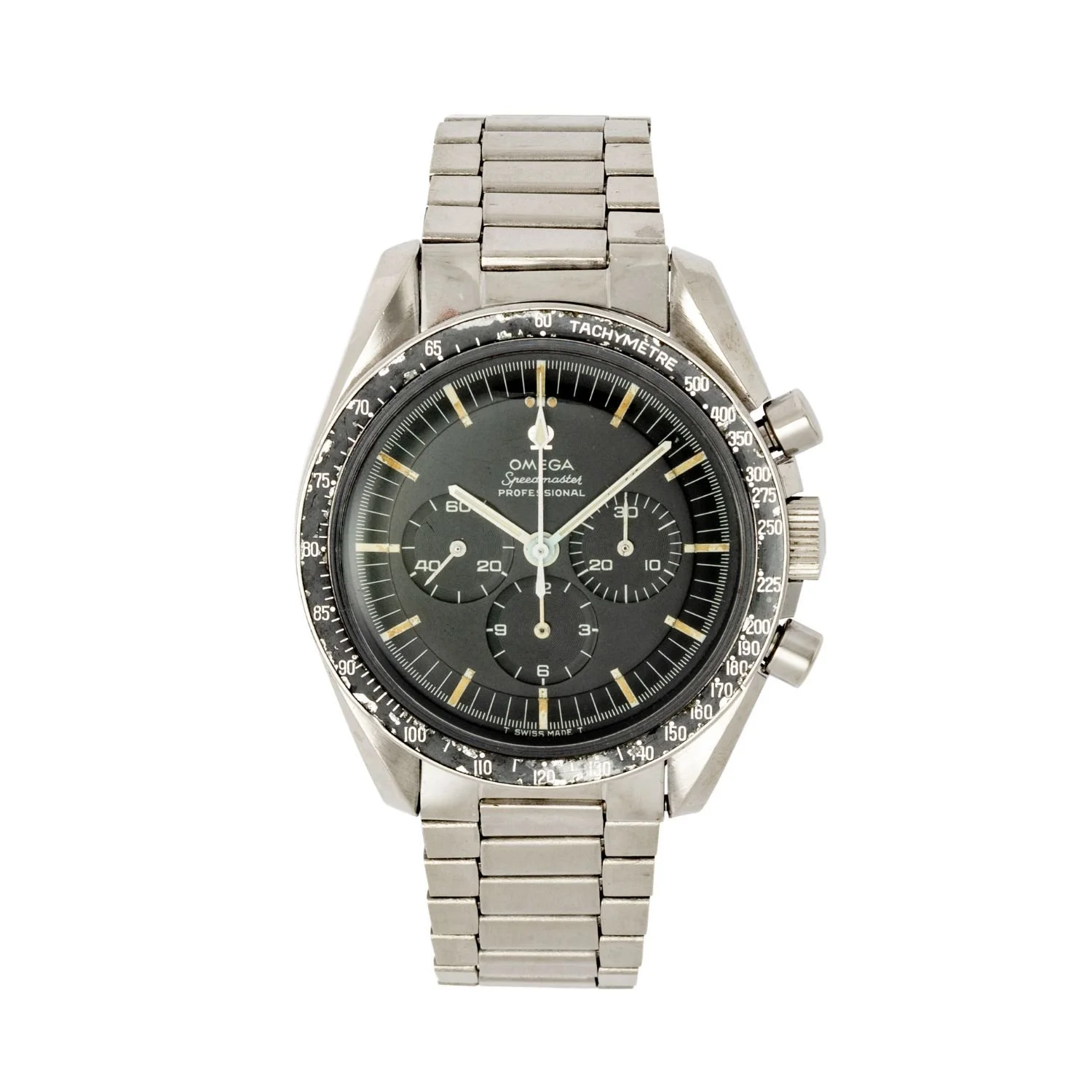 Omega Speedmaster Professional Ref. 145.022-68 ST, a transitional “Moonwatch” with “Dot Over 90” tachymeter bezel. Estimate: CA$8,000–10,000.