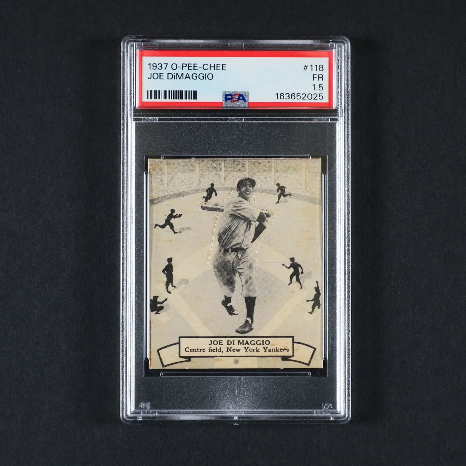 1937 O-Pee-Chee #118 Joe DiMaggio, graded PSA 1.5 Fair, a scarce pre-war Canadian baseball card issue (CA$18,150).