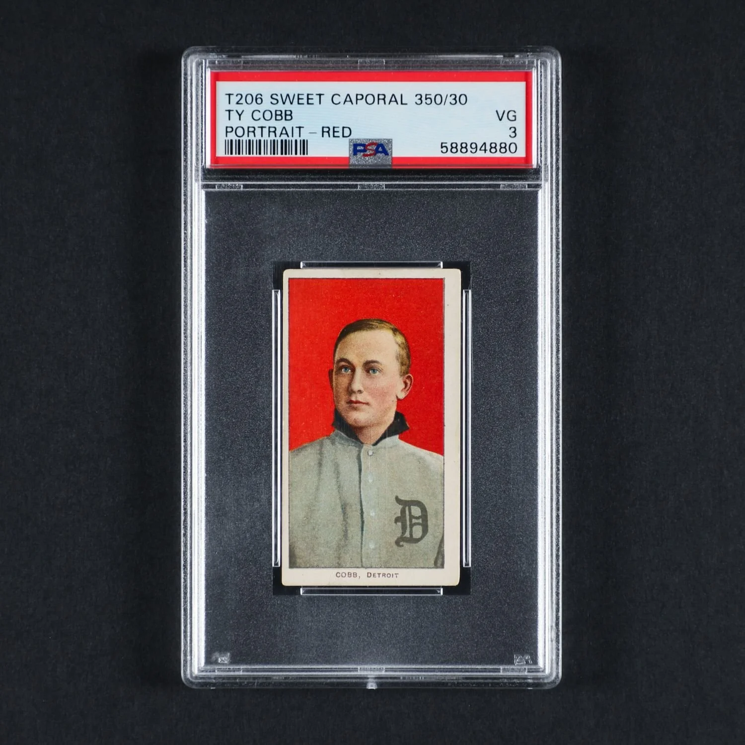 1909–11 T206 Sweet Caporal Ty Cobb Red Portrait, graded PSA 3 VG, from one of vintage baseball card collecting’s most recognized sets (CA$12,100).