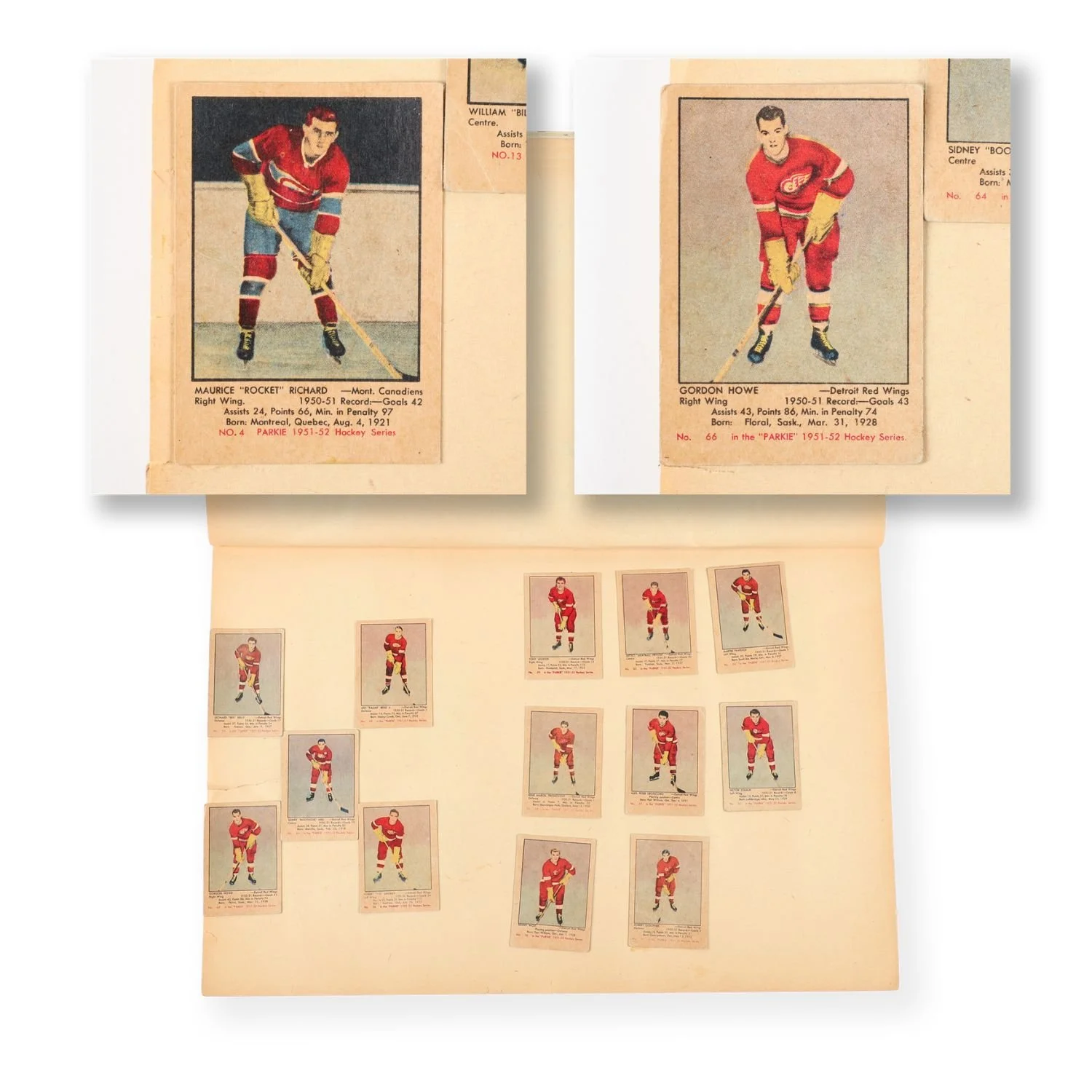 1951 Parkhurst partial set of 91 cards preserved in a scrapbook compiled by hockey prospect Keith Davidson, featuring Gordie Howe and Maurice Richard (CA$9,075).