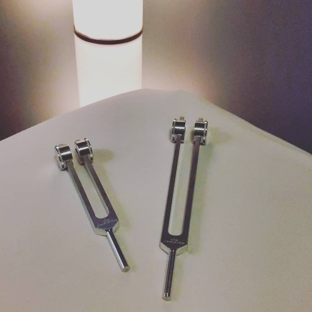 Got some tuning forks! I've already tried them out on a couple of patients and heard some cool feedback: one patient with foot pain reported she could feel the sensation all the way up into her thigh (the forks were down on her foot)! She felt enough