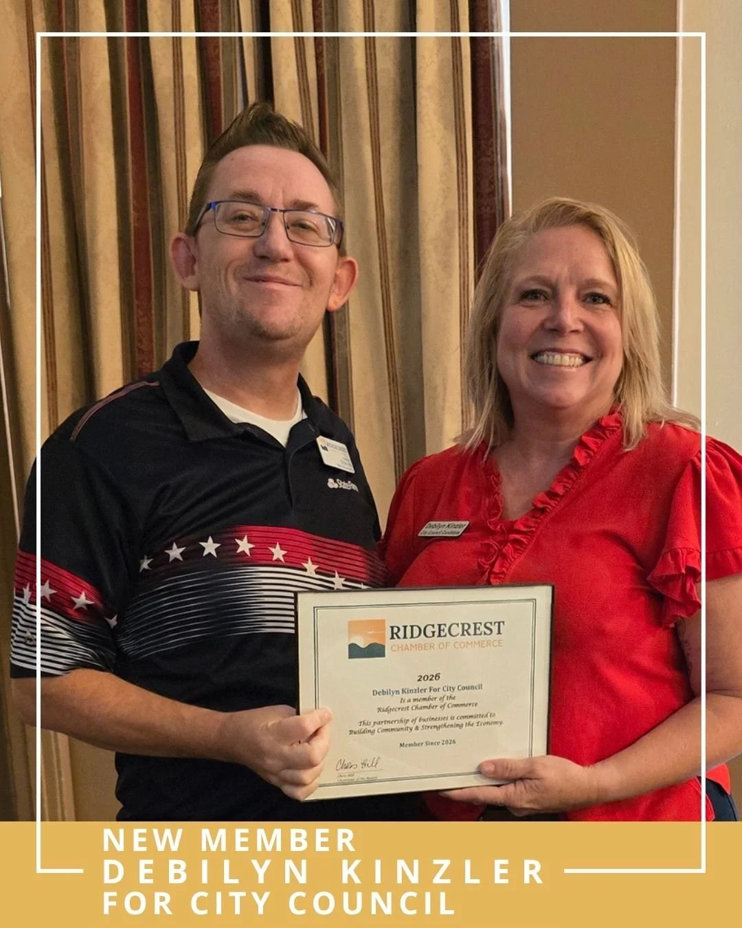 🏛️ Welcome Debilyn Kinzler!
Please join us in welcoming Debilyn Kinzler as a new member of the Ridgecrest Chamber of Commerce! Debilyn joined us at our recent Chamber luncheon, where we were pleased to present her with her new member certificate.
As