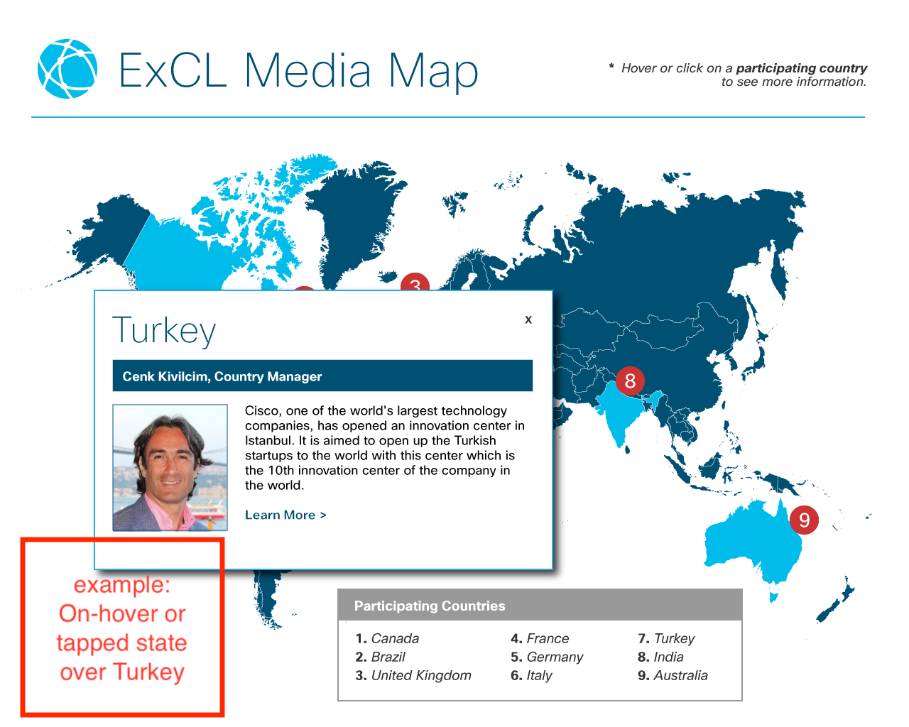 As the user hovers over each region, a pop-up with the Country Leader for the region would appear, with information and a hyperlink to the corresponding Cisco internal contact site page. Wireframe was designed for desktop and mobile orientation.