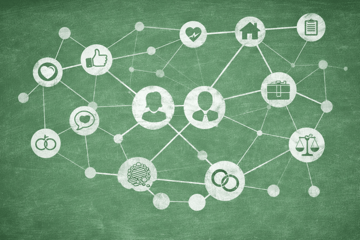 Graphic showing the connected nature of relationships through a series of connected icons