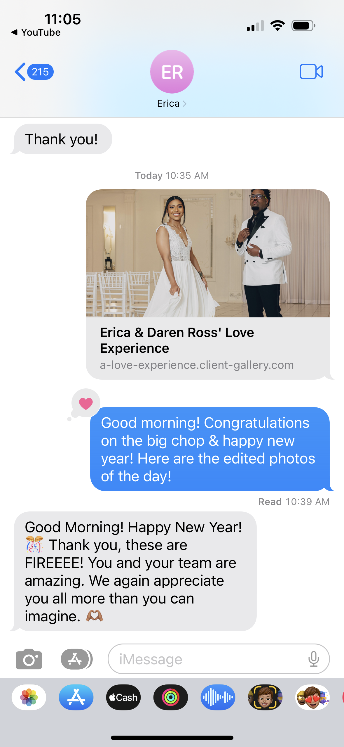 Screenshot of a text message conversation between Erica and a client, featuring a photo of a bride and groom in a wedding setting from a love experience website.