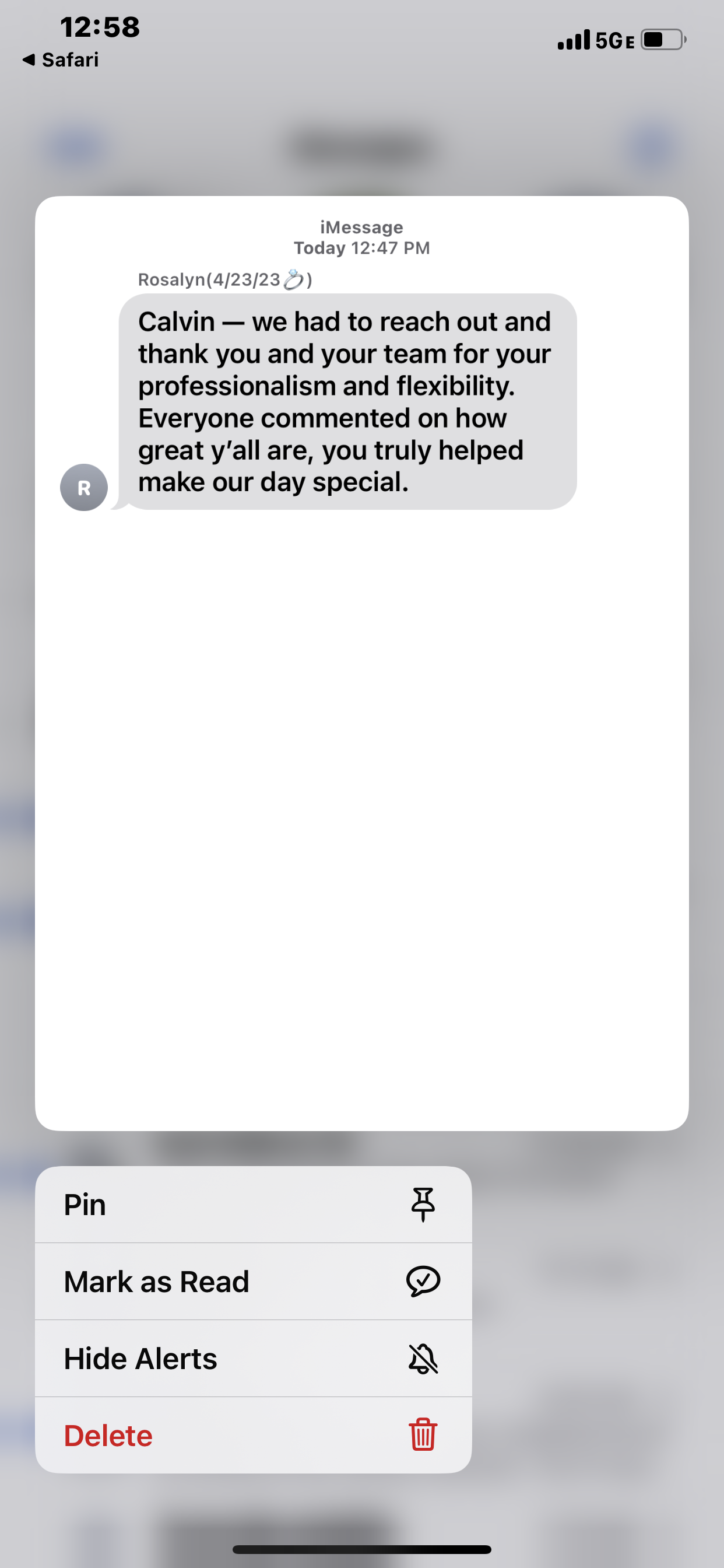 Screenshot of a text message conversation expressing gratitude and praise for professionalism and teamwork.