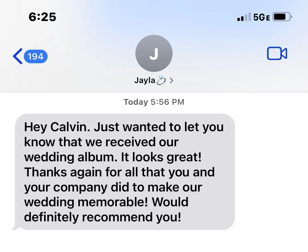 Text message conversation on a smartphone screen. The message from Jayla to Calvin is about receiving their wedding album and recommending the company for future event memory projects.