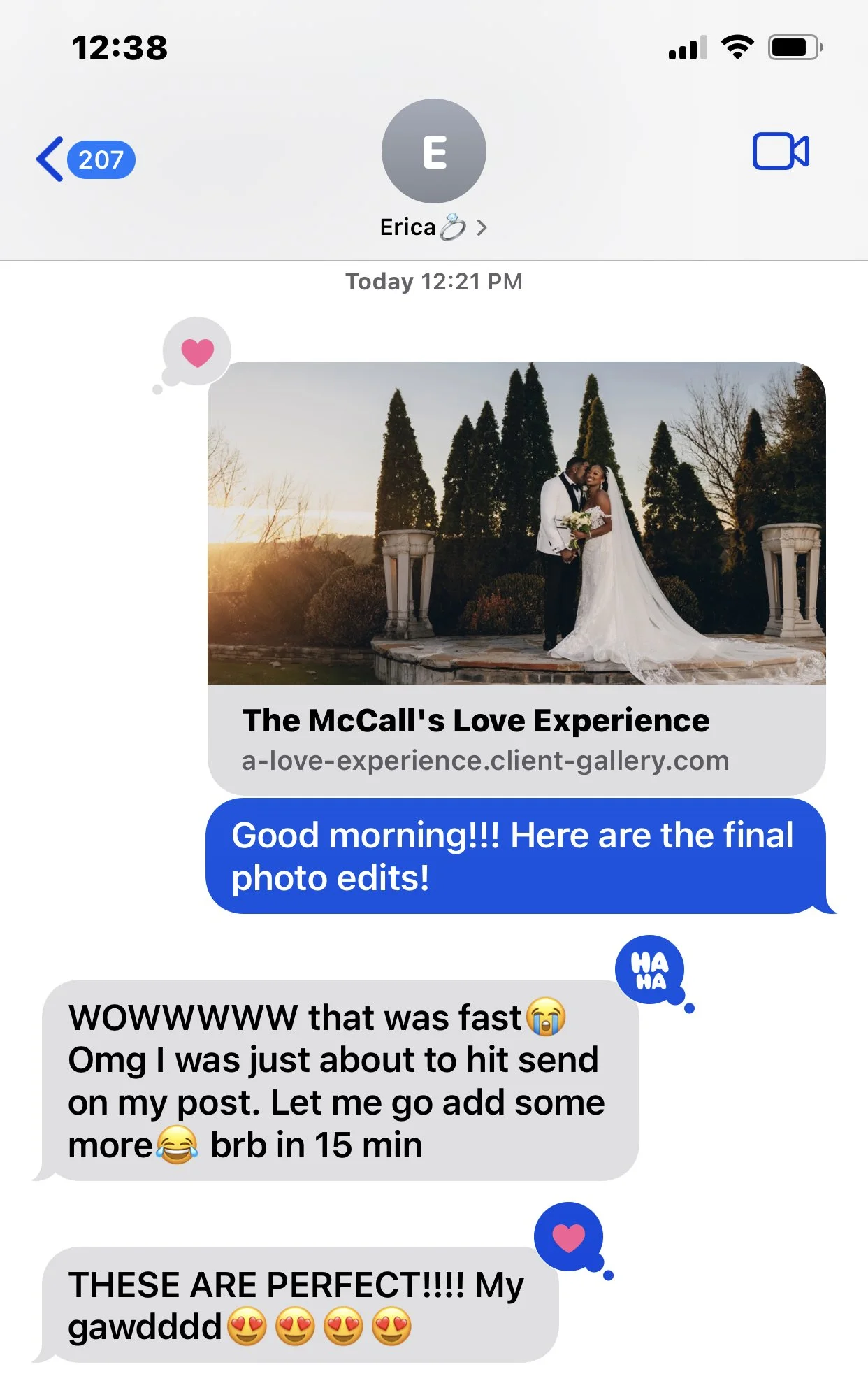 Text message conversation with a photo of a bride and groom on their wedding day, outdoors during sunset, standing on a stone platform with trees in the background, sharing a kiss, with messages praising the photo.