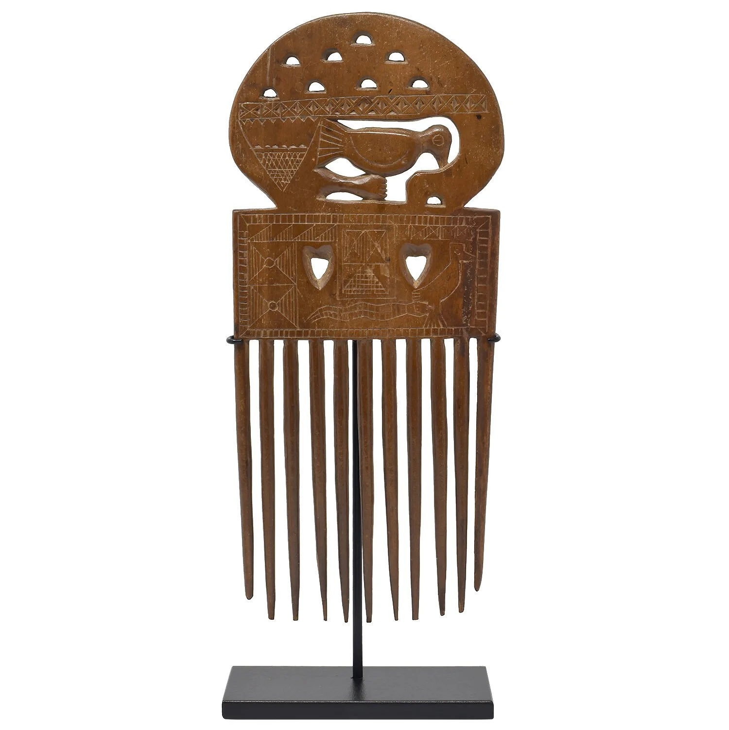 back side of African Antique Ashanti Hair Comb with Bird in Hand from Ghana, Africa. Carved from wood