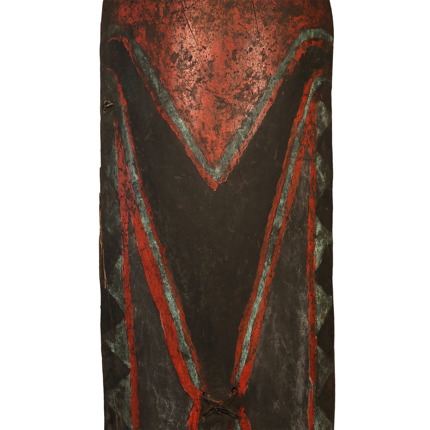 close up of Wahgi Valley Shield from Western Highlands, Papua New Guinea. Made of Tapi wood, paint, rattan, wire