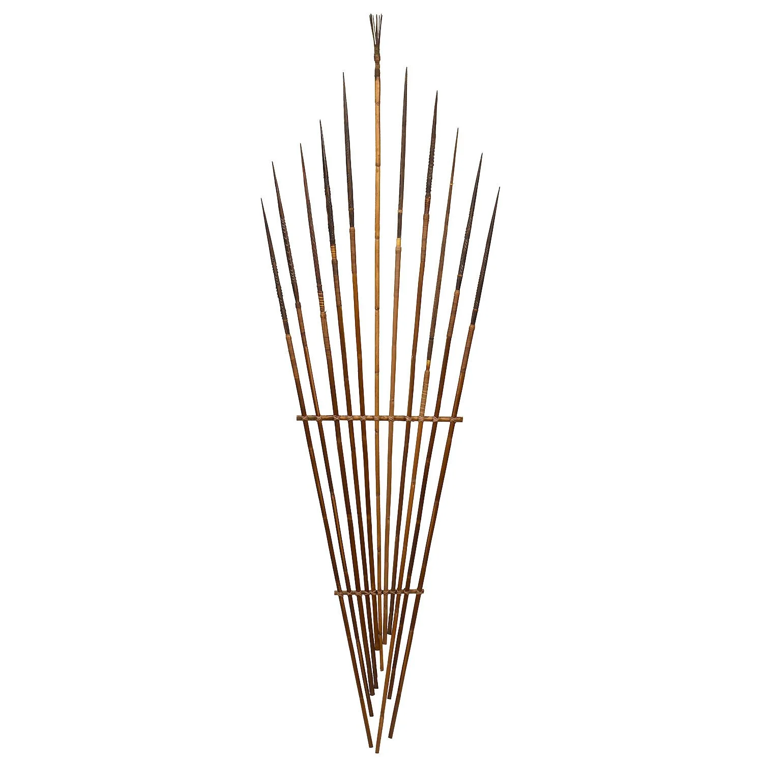 Collection of 11 Highlands War Arrows from Papua New Guinea. Made of Bamboo, black palm wood and natural fibers
