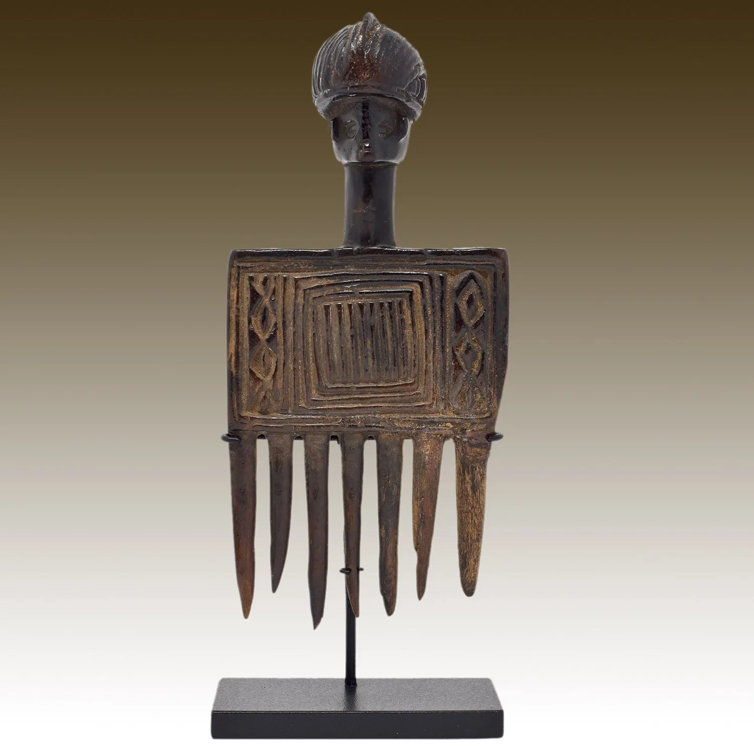 African Antique Wood Comb with Human Head, Chokwe Culture, Angola
