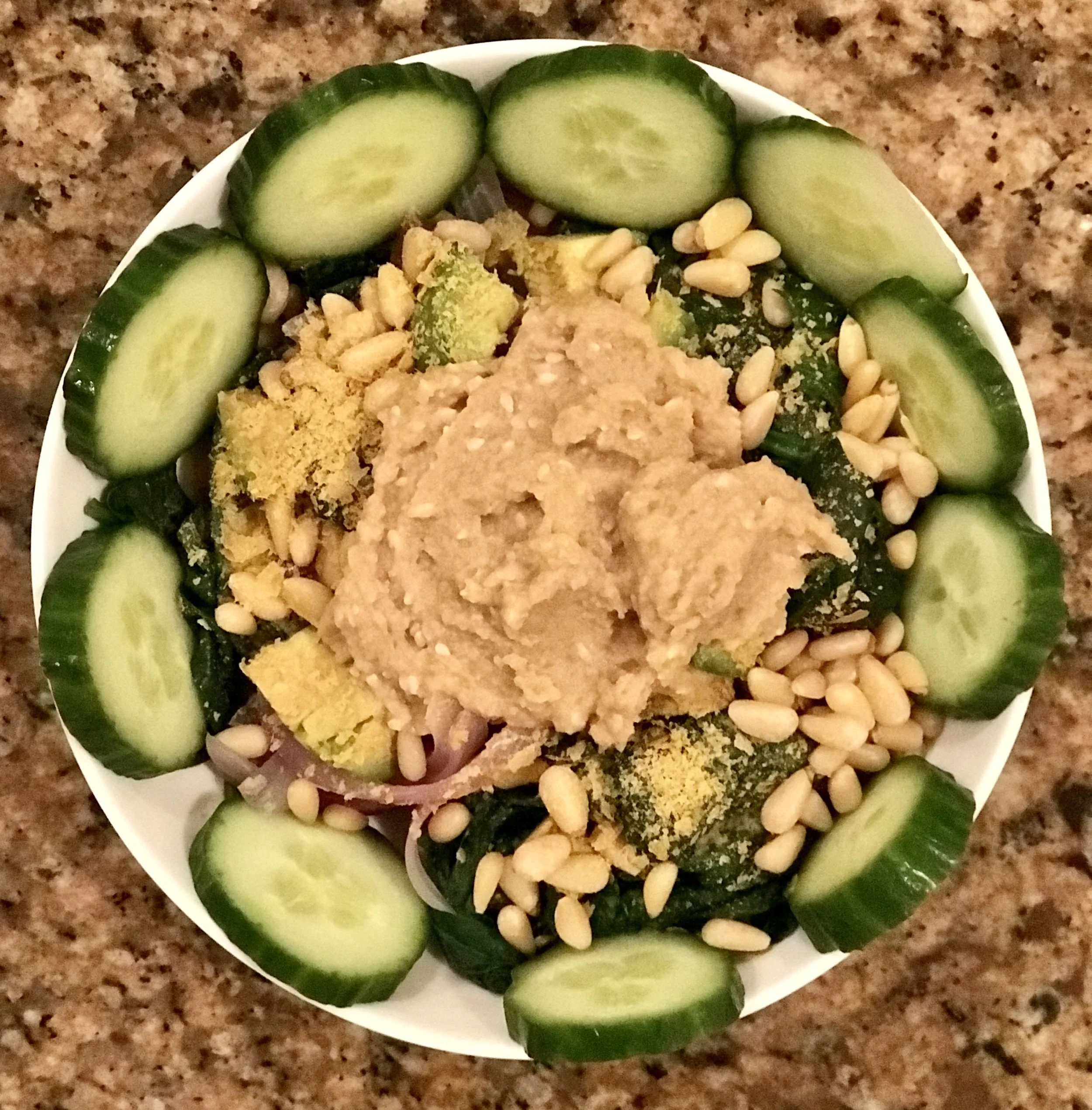 Hummus Cucumber Steamed Spinach w/ Pinenuts