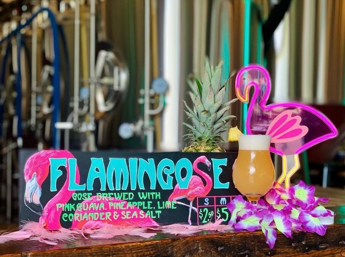🚨 FLAMINGOSE IS BACK! This lightly tart, highly crushable summer quencher has returned to the flock. 

🦩 FLAMINGOSE - Gose brewed with ripe pink guava, juicy pineapple, crisp lime, and just a touch of sea salt. Tropical punch flavors and aromas giv