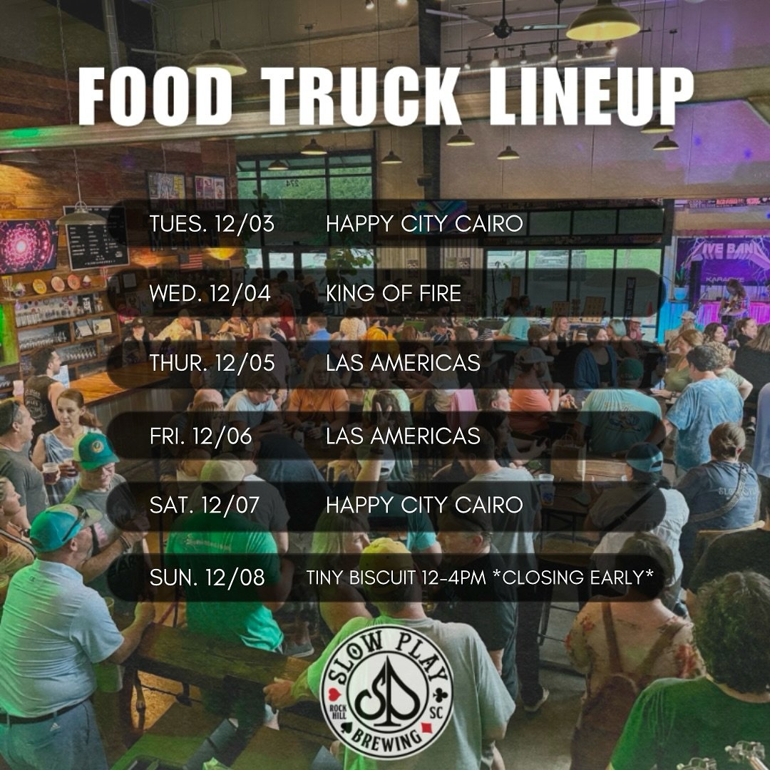 FOOD TRUCKS &bull; 12/03-12/08 

🧆 12/03 - Happy City Cairo Cuisine
🍕 12/04 - @kingoffirepizza 
🌮 12/05 - @lasamericassupermarket 
🌯 12/06 - Las Americas Supermarket 
🥗 12/07 - Happy City Cairo Cuisine
🍳 12/08 - @tinybiscuitclt 12-4PM *CLOSING 