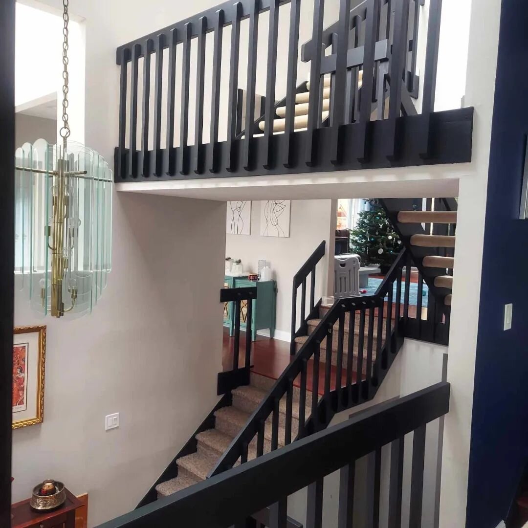 From varnished wood to a matte black finish. ✨️⚫️ Here are some after &amp; before photos from a recently completed project. Railings for days made enjoyable with our Festool dust-less sander. We used Insl-X Aqua Lock black tinted primer followed by 