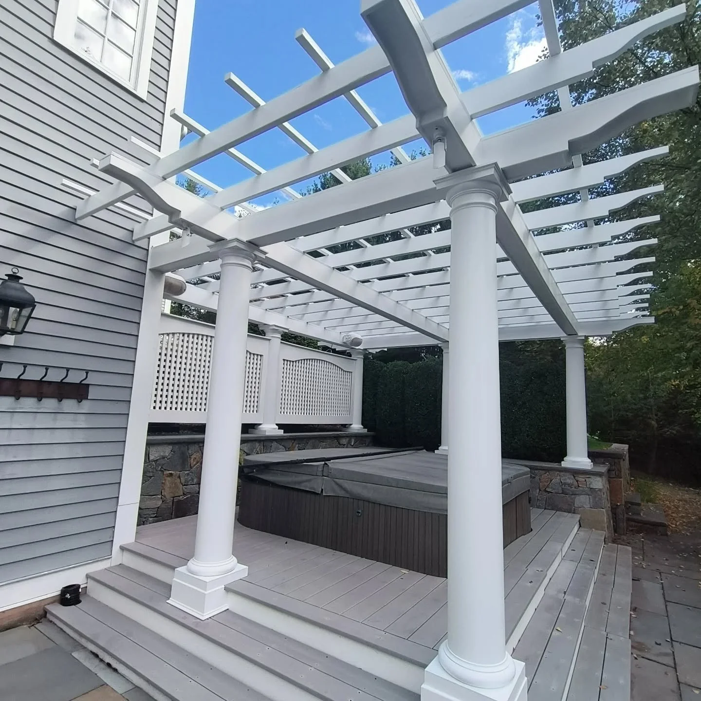 Gave this pergola a lil' bit of TLC to freshen up its appearance. Washed down, scraped, sanded, rotted wood treated, patched, primed &amp; top coated with Aura exterior paint by Benjamin Moore.

#CTpainters #ConnecticutPainters #exteriorpainting #per