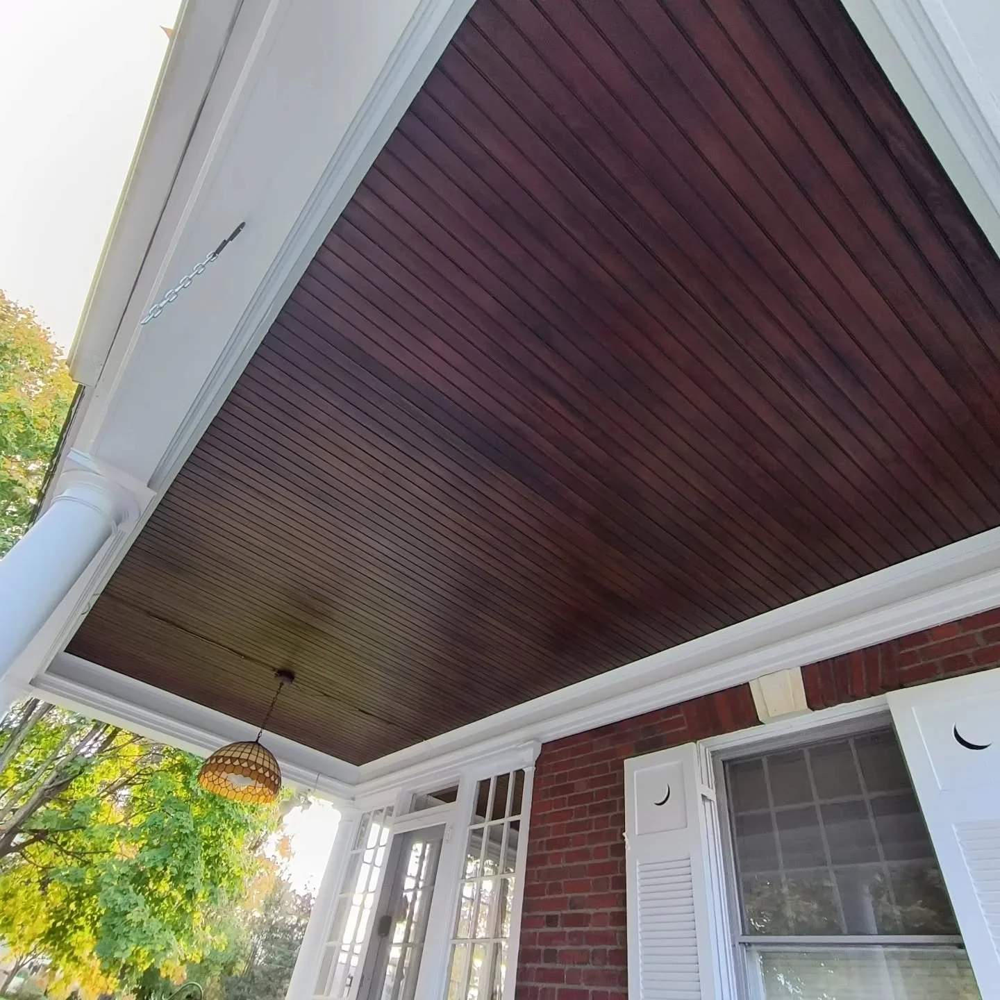 Heres a recent lil' bit of TLC at a historic Bristol home in conclusion of the exterior painting season. 🏡 The client had two old stained &amp; varnished porch ceilings that were in rough shape &amp; also tested positive for lead. RRP on the prep, a