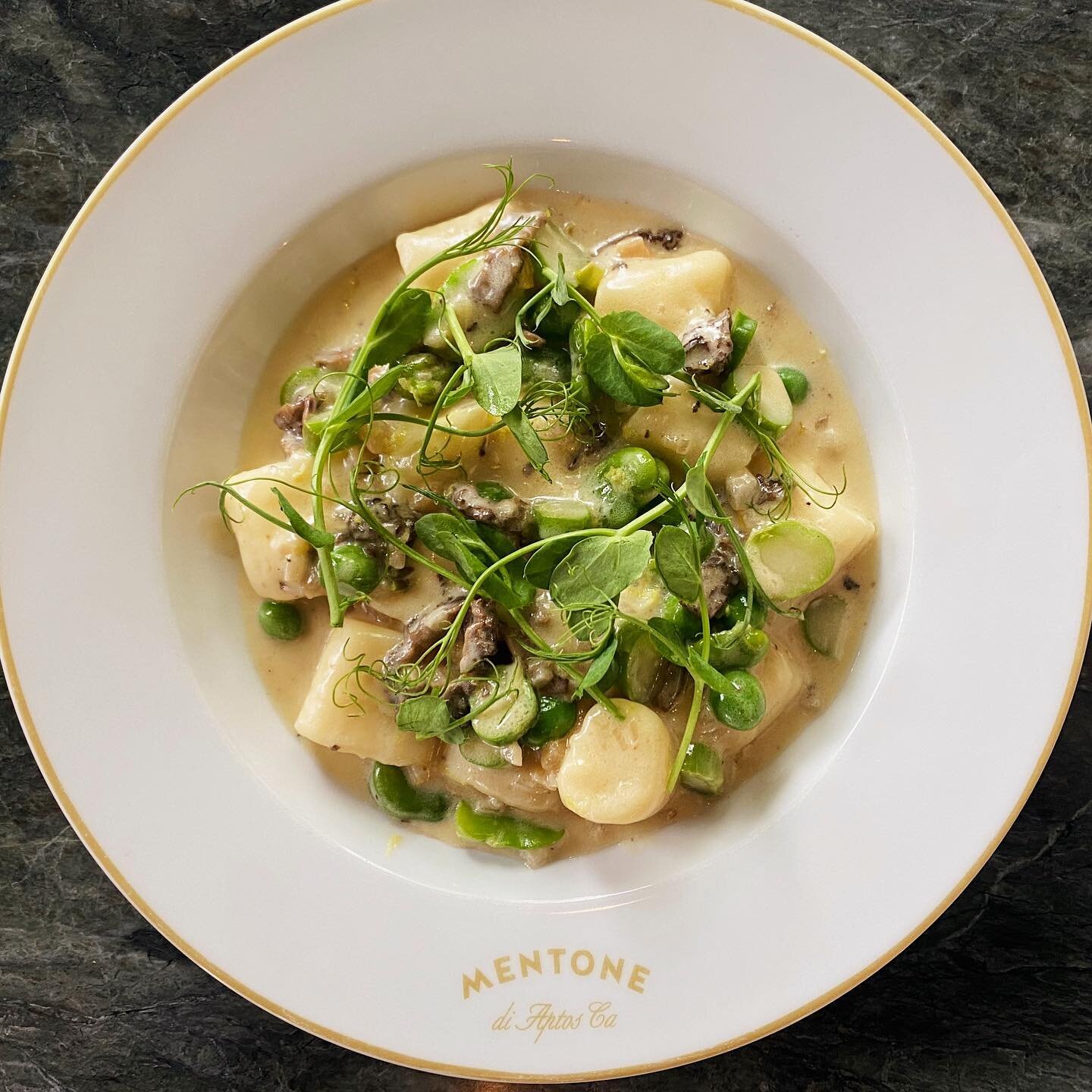 Gnocchi with morels, asparagus, favas, peas and lardo is ON!