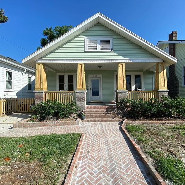 Out with old, in with the new! We re pointed all the brick columns. Jacked up the front of the house and removed old wrought iron columns and replaced them with these salt shaker style columns.  We also installed new handrailing, and built a small fe