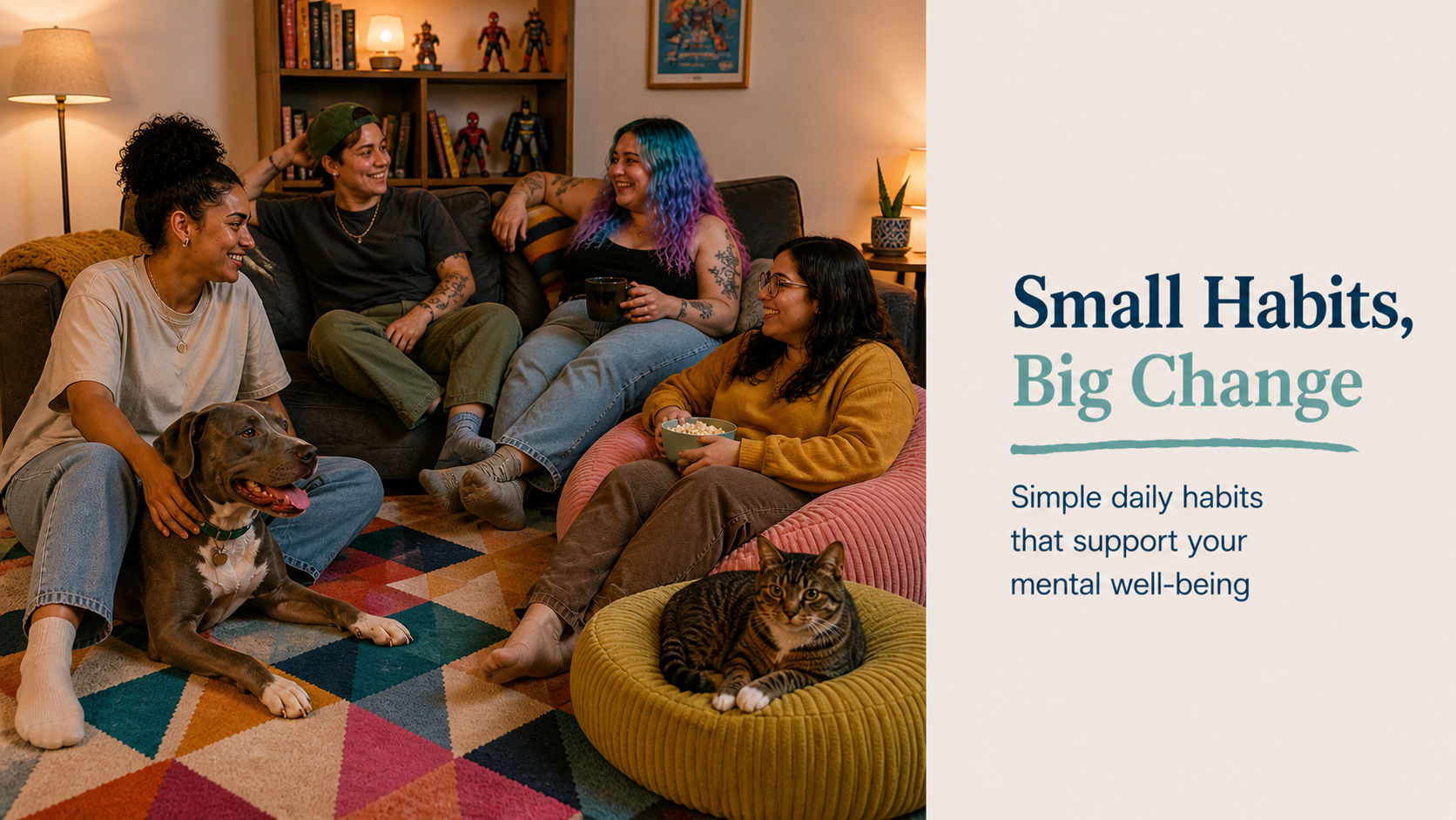 Group of young adults relaxing together in a cozy living room with pets, representing supportive relationships and everyday habits that benefit mental health