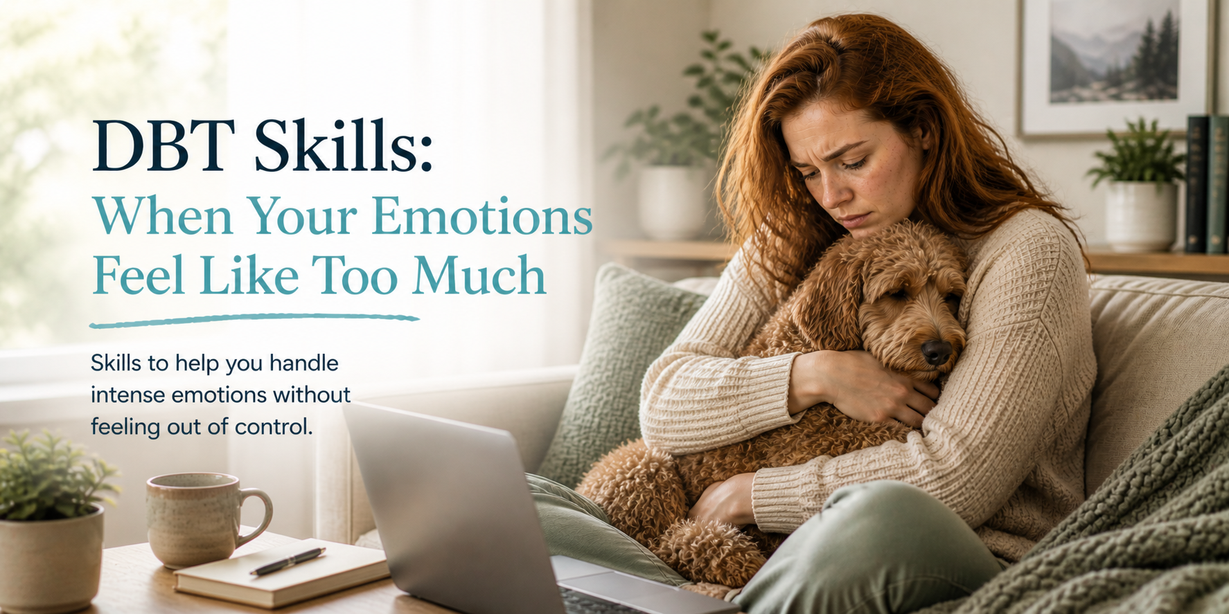 Woman holding her dog and practicing grounding while learning DBT skills to manage overwhelming emotions