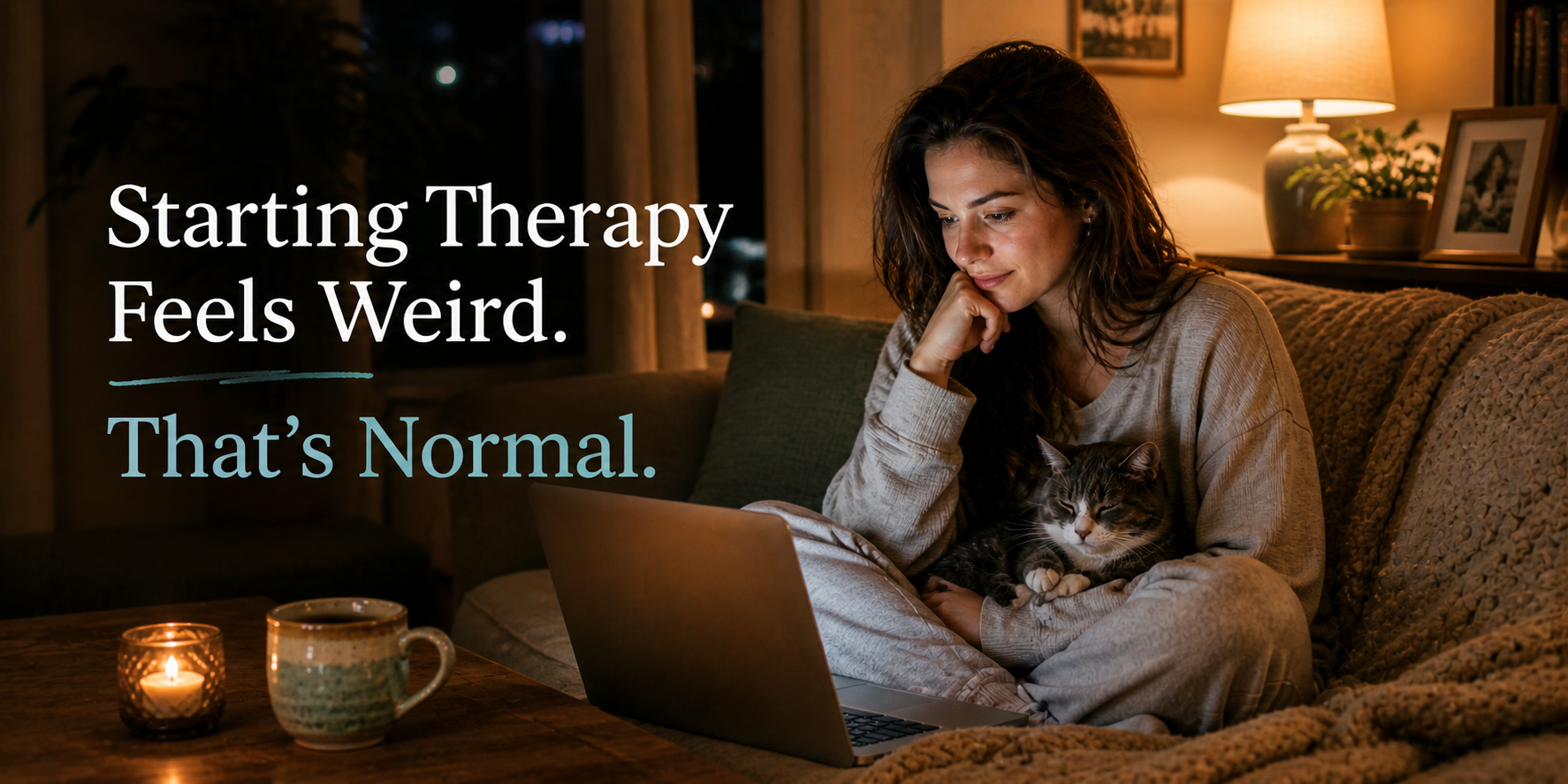 Woman at home at night with her cat using a laptop to learn how to get started with online therapy