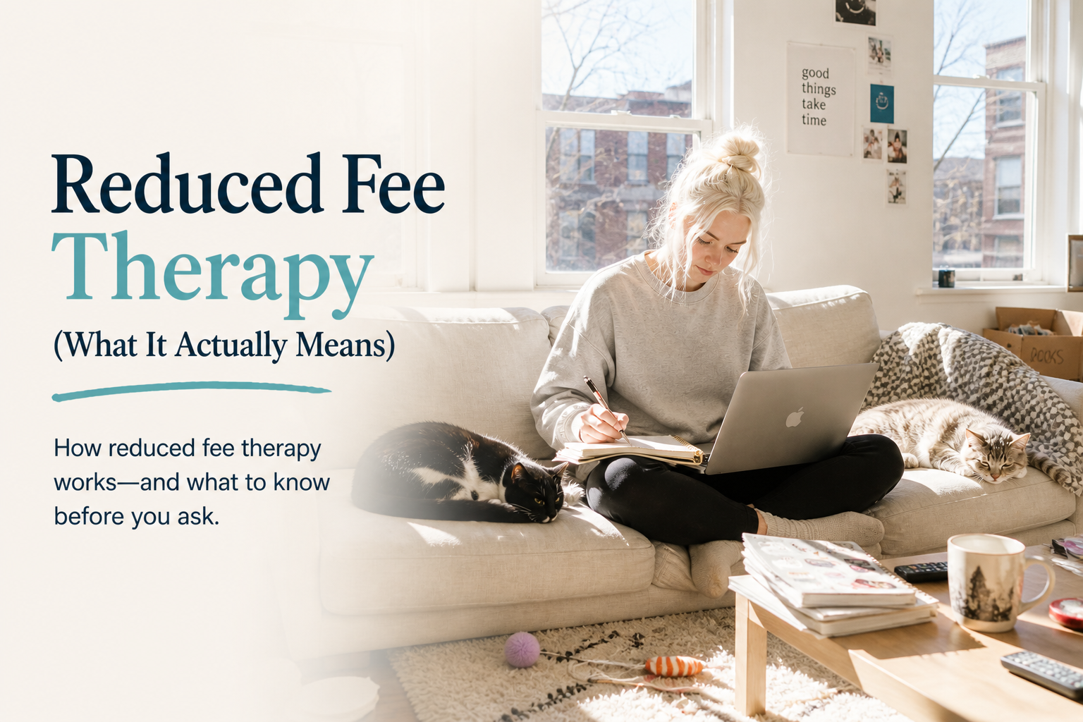 Woman in a sunlit apartment with two cats looking into reduced fee therapy and affordable mental health care options
