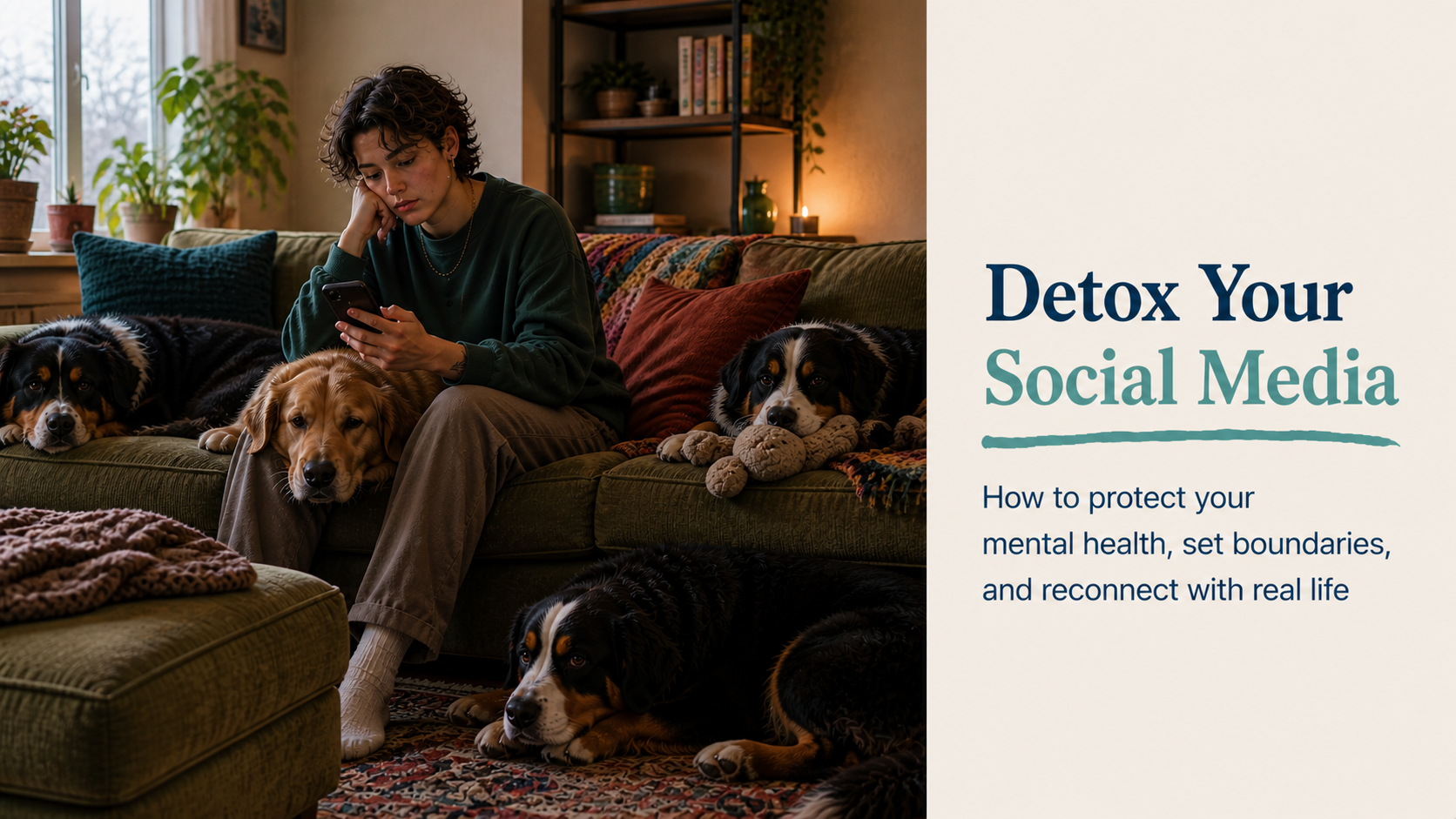 Person scrolling on their phone while sitting on a couch with dogs, illustrating social media comparison and the need for a social media detox
