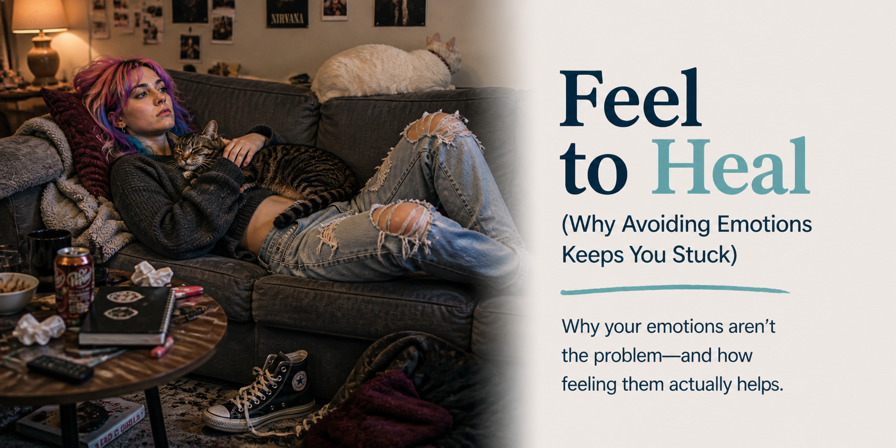 Young woman with colorful hair lying on a couch with a cat on her chest in a messy living room, representing emotional avoidance and difficulty processing feelings