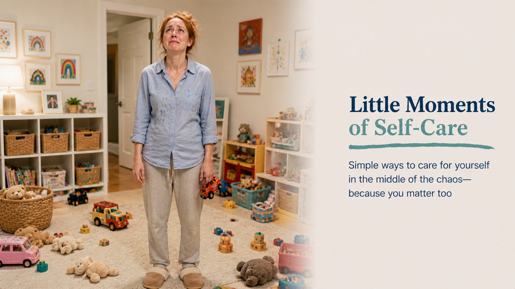 Exhausted woman standing in a messy playroom holding a toy and looking overwhelmed, representing the need for small moments of self-care during busy parenting days