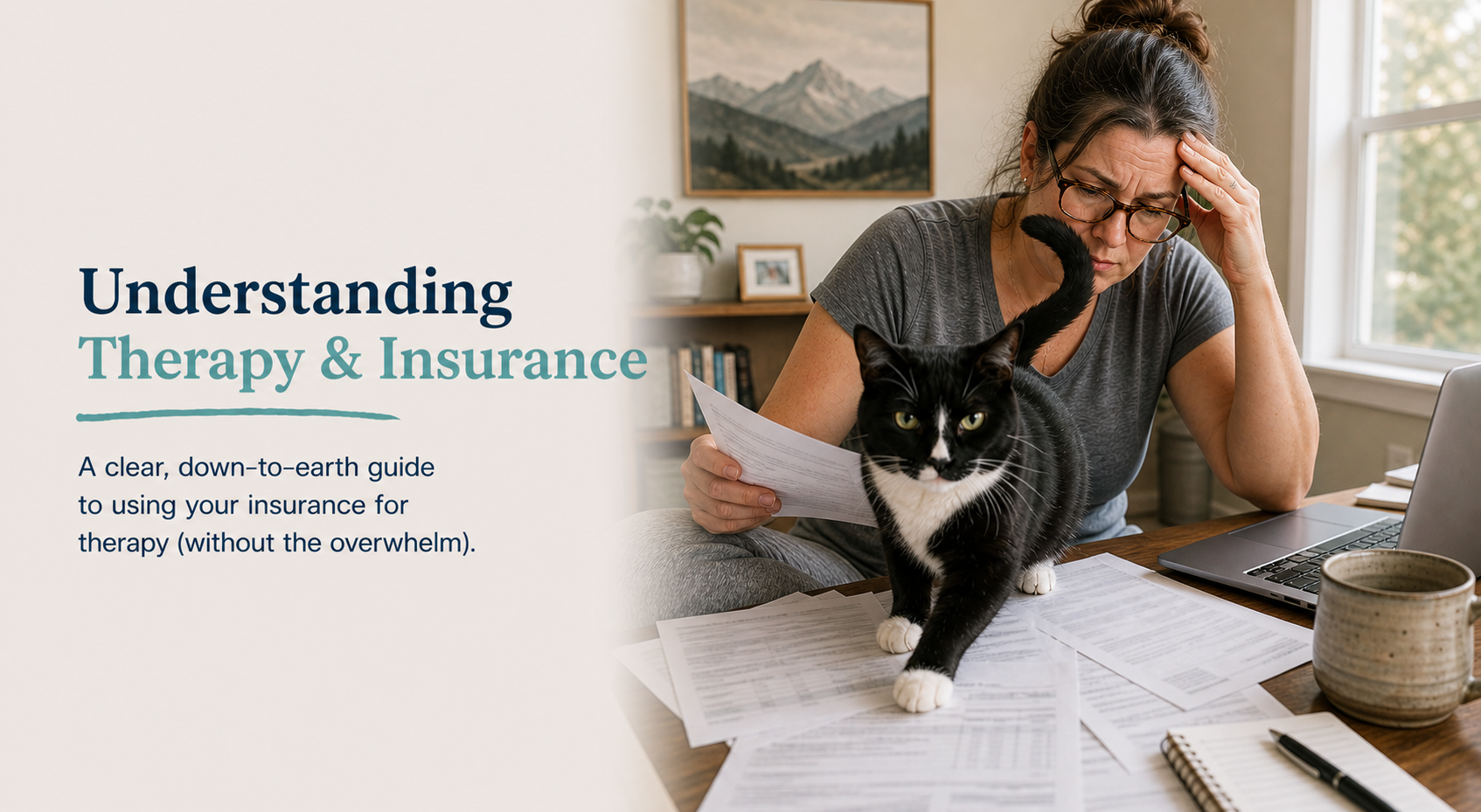 Woman sitting at a desk surrounded by insurance paperwork looking overwhelmed while a tuxedo cat walks across the papers, representing confusion about therapy and insurance