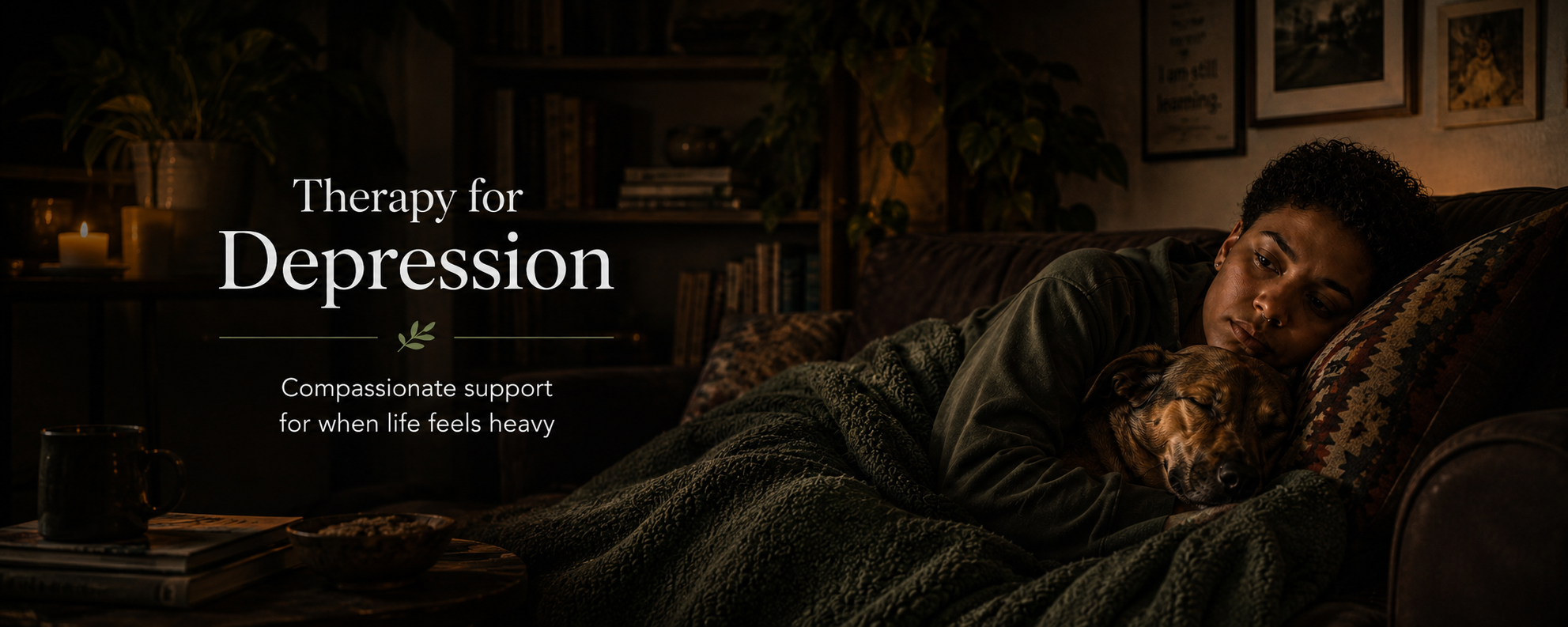 A person struggling with depression laying on their couch under a soft blanket and snuggling with their dog