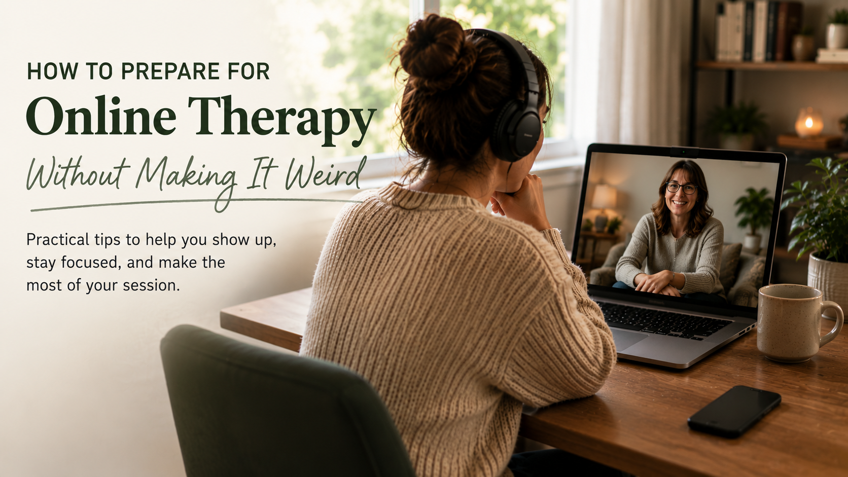 Woman wearing headphones while attending an online therapy session from home on a laptop in a cozy, softly lit room with the text “How to Prepare for Online Therapy Without Making It Weird.”