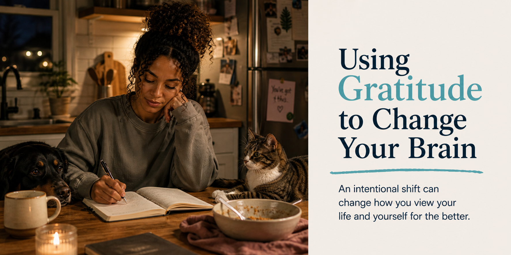 Woman journaling in her kitchen with pets nearby while practicing gratitude to improve mental health and emotional well-being
