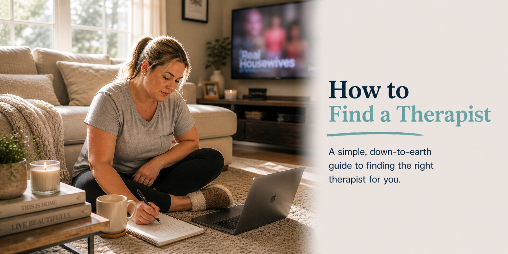 Woman researching how to find a therapist at home while taking notes in a notebook, illustrating the process of choosing a therapist