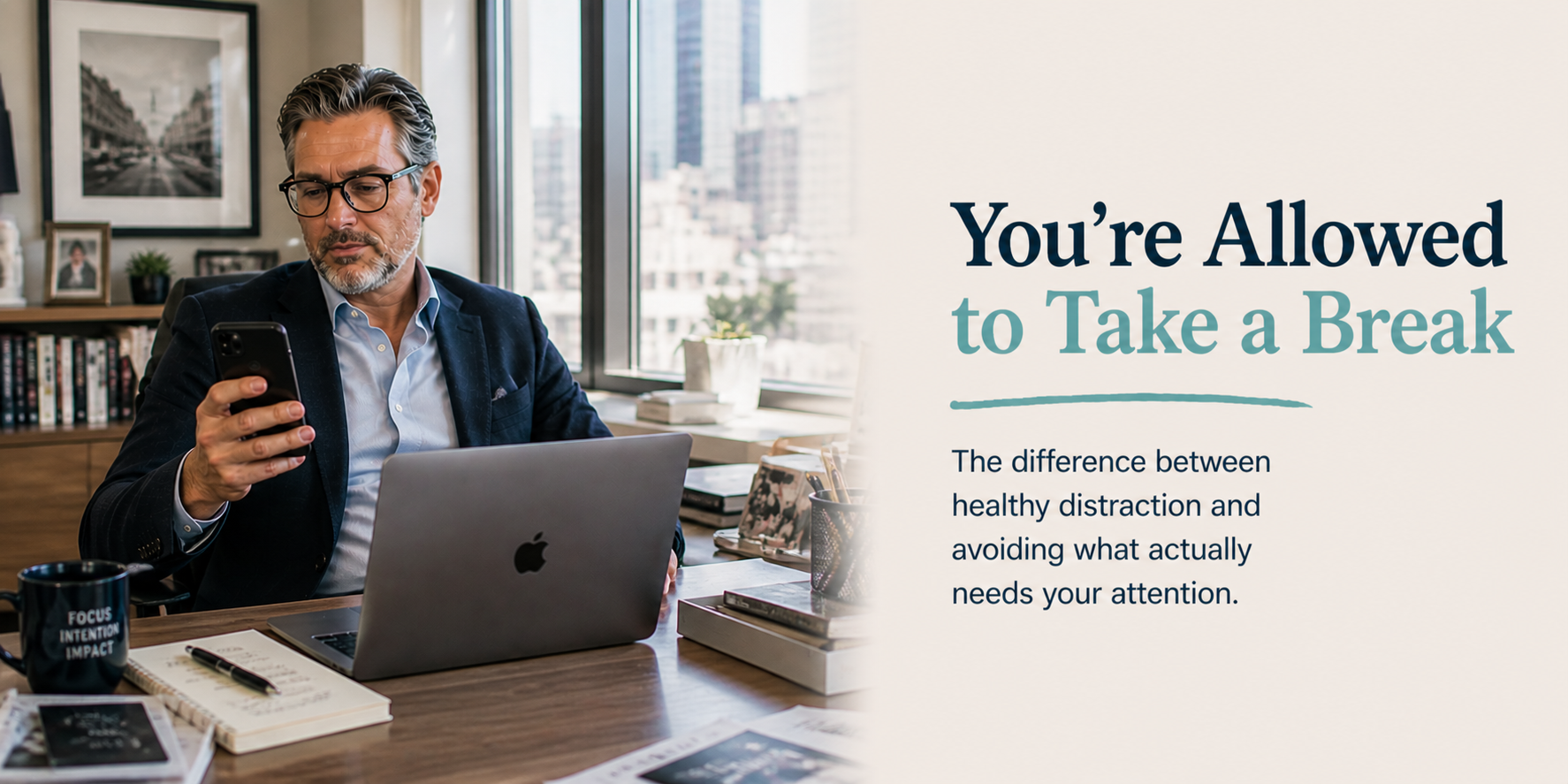 Well-dressed man sitting at an office desk during the day, looking at his phone instead of working, representing distraction and avoidance in a professional setting