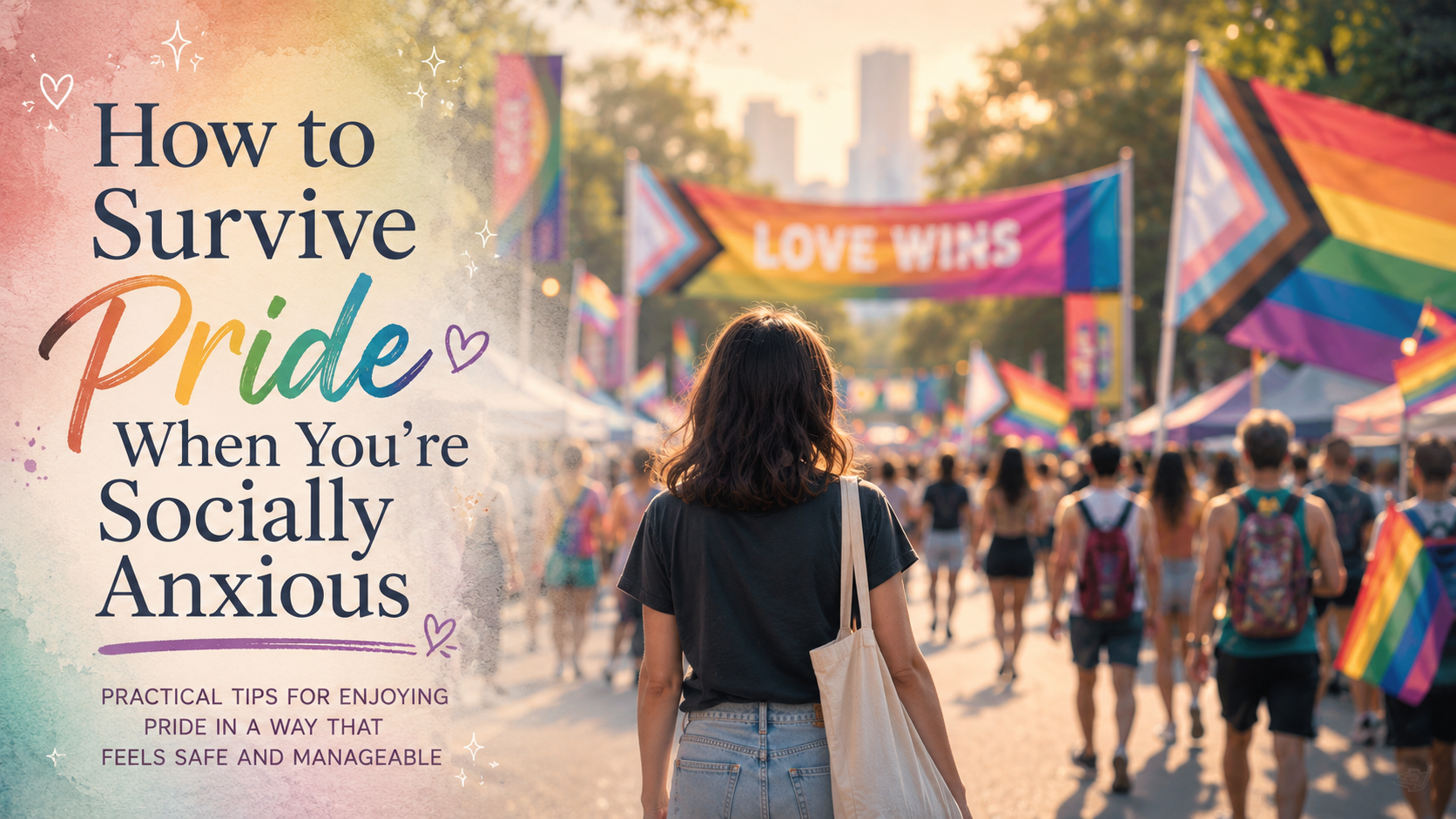 A person walks alone toward a crowded Pride festival while carrying a Progress Pride flag tote bag. Colorful Pride flags wave above a diverse crowd in the background as the banner reads, “How to Survive Pride When You’re Socially Anxious.”