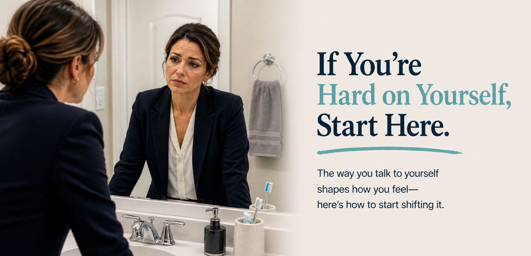 A woman looking at herself in the mirror and judging what she sees.