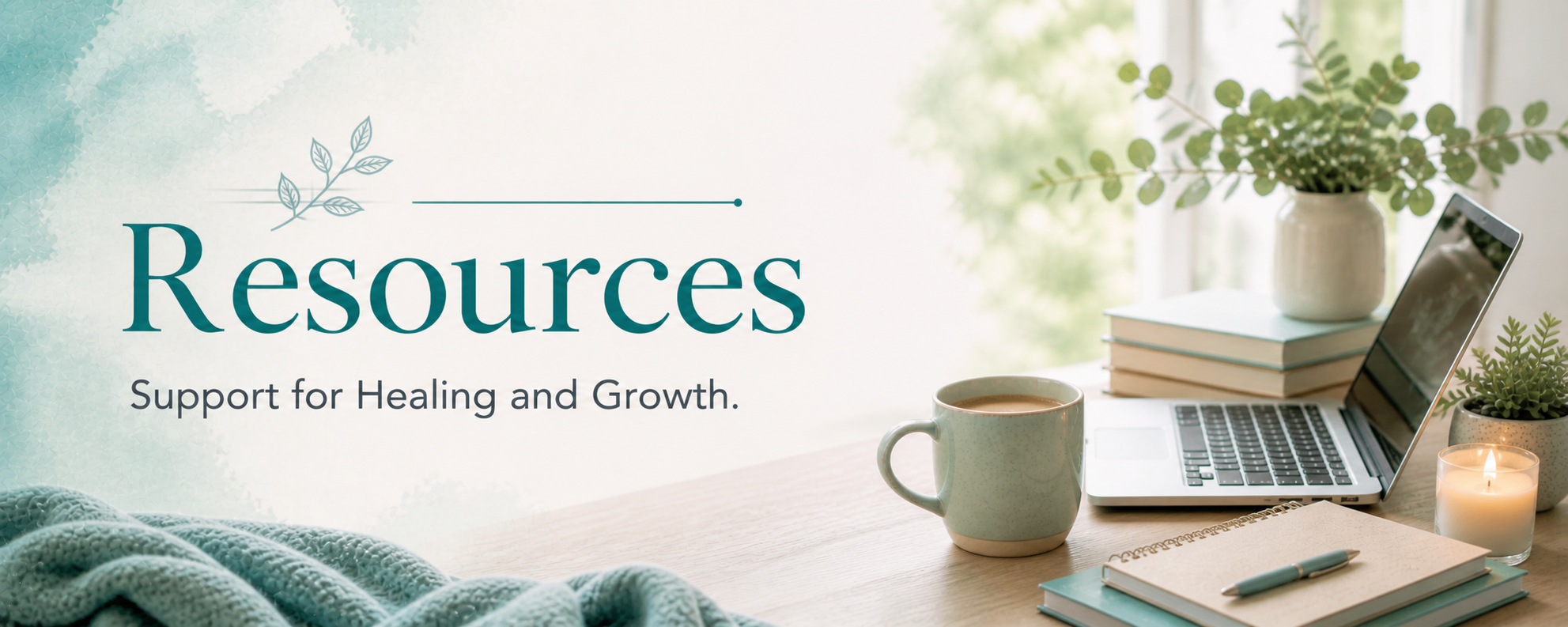 Website banner for therapy resources, featuring a calm, light-filled workspace with laptop, coffee mug, plant, and text reading “Resources – Support for Healing and Growth.”