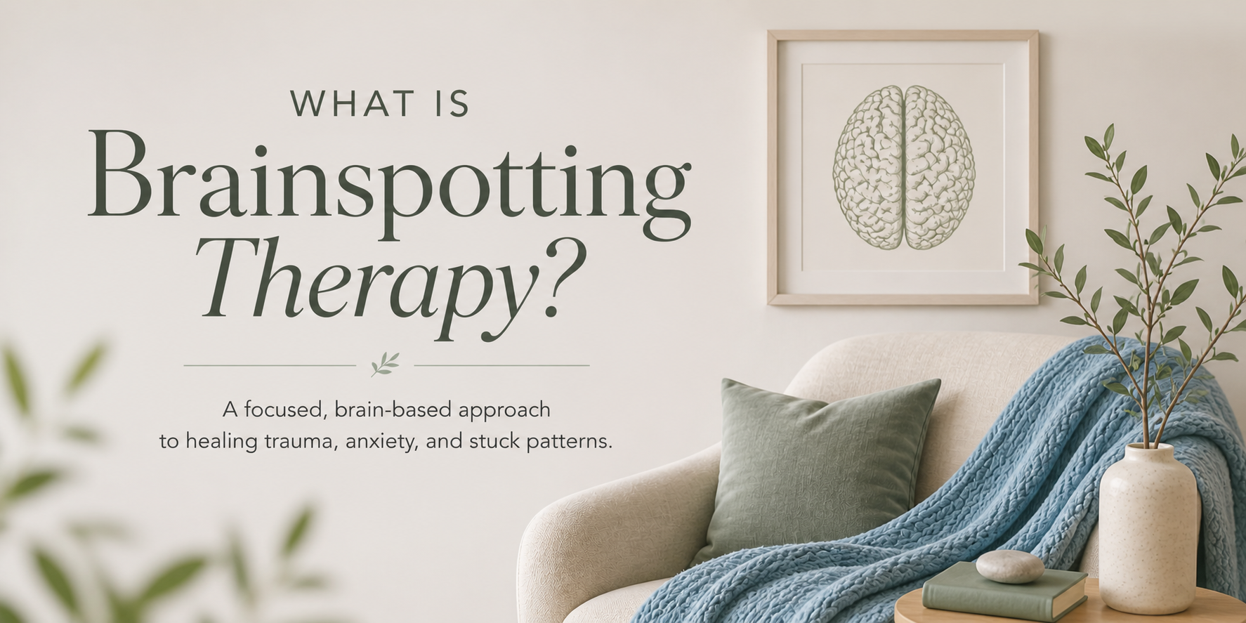 Banner image for an article about Brainspotting Therapy and how it can be used to help with trauma and anxiety.  The image is peaceful and shows a soft blanket laid across a comfortable chair with a framed image of a brain on the wall behind it.