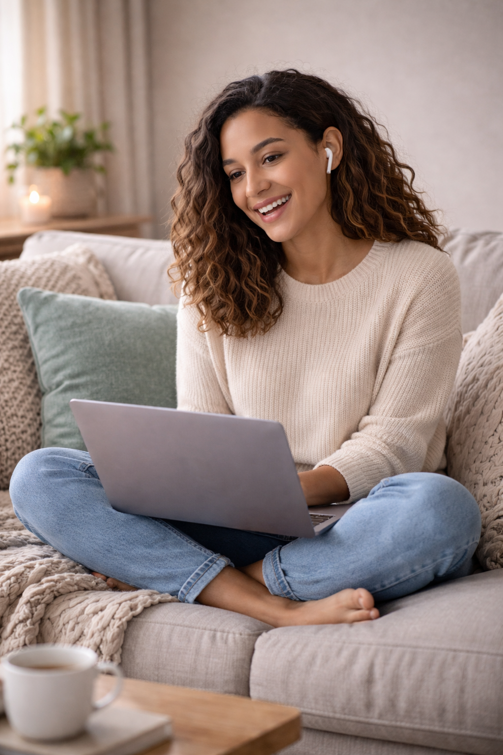 Woman in online therapy session looking relaxed and hopeful, seated comfortably with laptop.