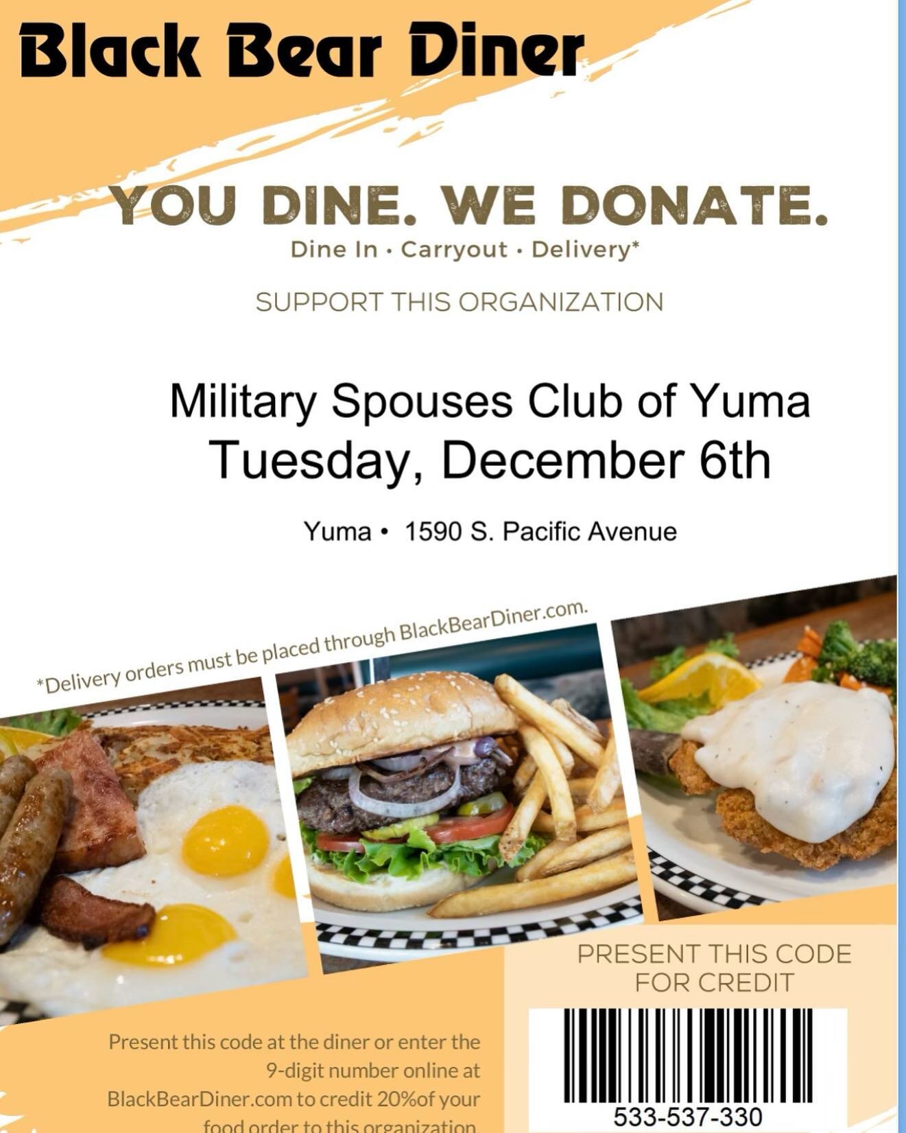 Dine out and support  The Military Spouses Club of Yuma fundraising efforts. Present this coupon when dining!! #spousesclub #mcasyuma #militaryspousesclubofyuma