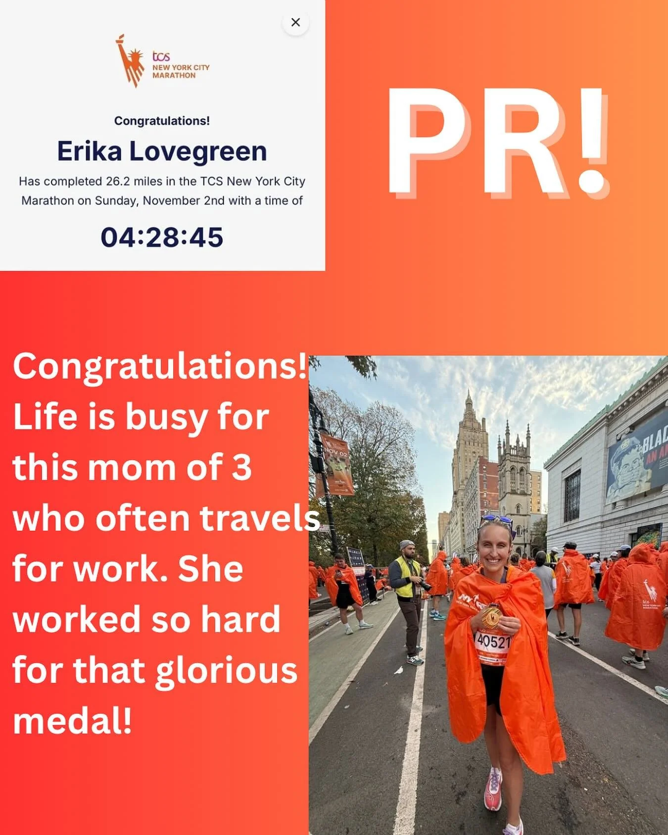 Almost 7 minutes!!!! 7 minutes faster than last year in NY!! So much to celebrate!