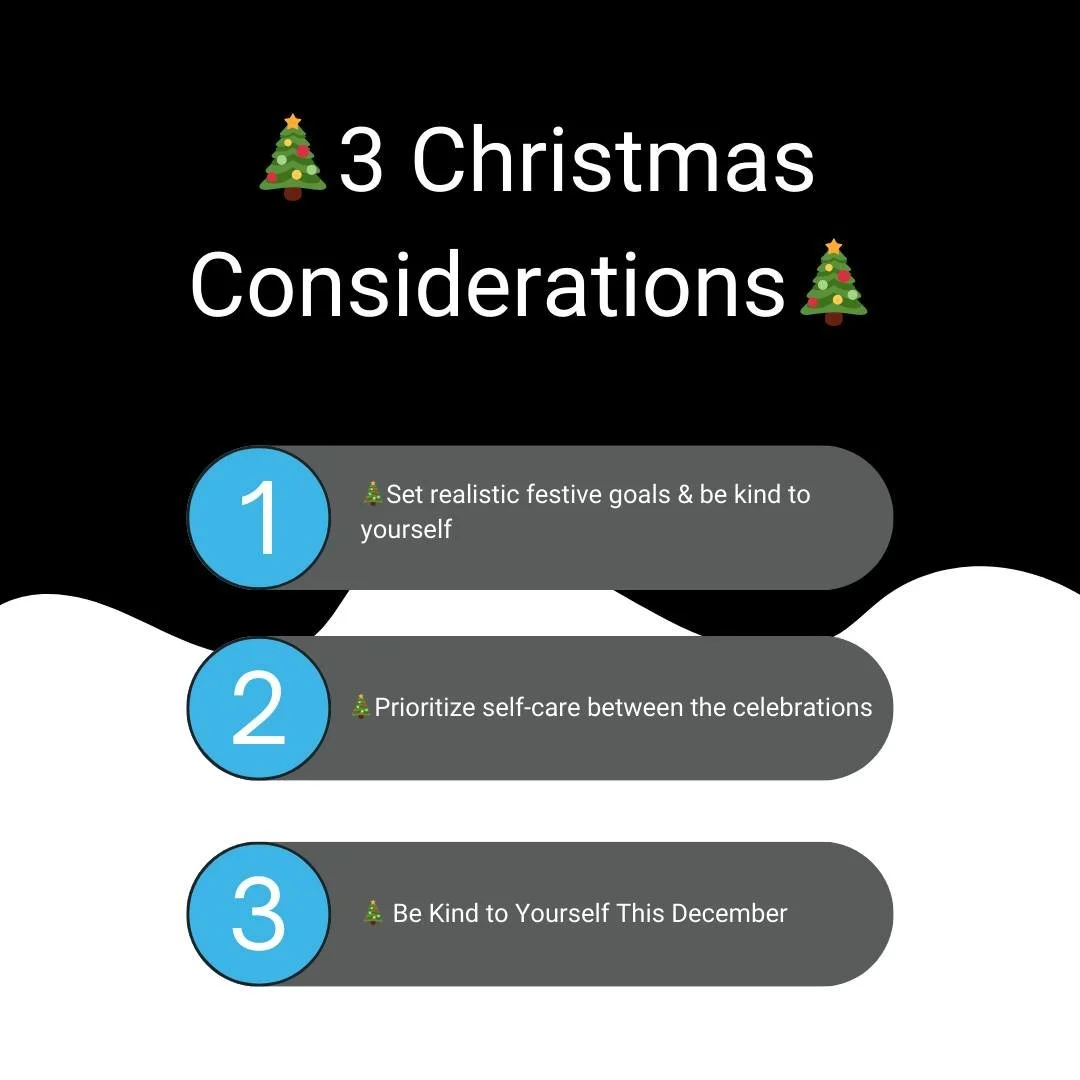 🎄 Top 3 Tips for Staying Healthy &amp; Mindful This December 🎄

1️⃣ Set realistic goals &amp; be kind to yourself &ndash; Don&rsquo;t expect perfection. Celebrate the small wins and remember that progress, not perfection, is what counts.
2️⃣ Priori