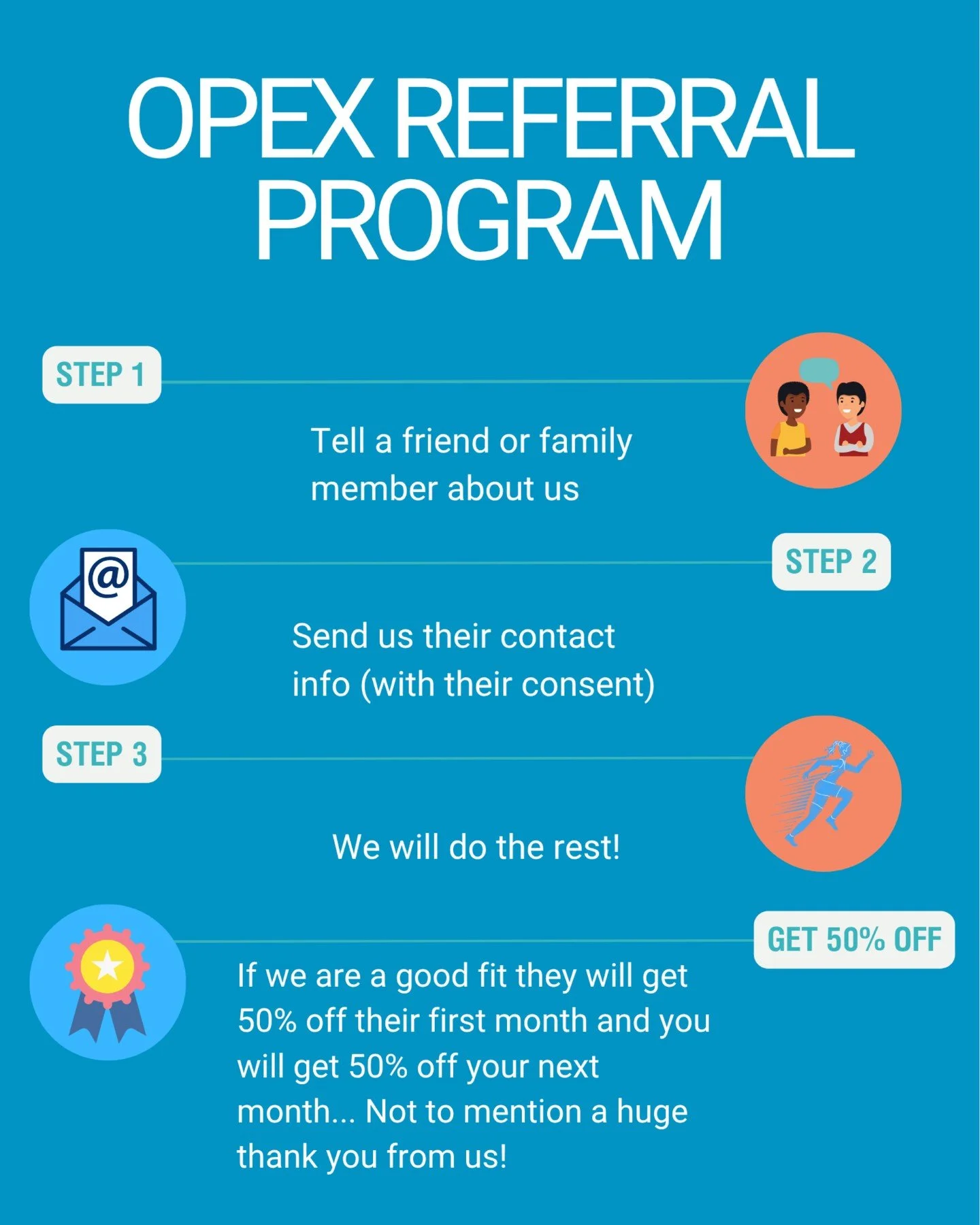 OPEX REFERRAL PROGRAM 👇 

🌟 Tell a friend or family member about us 
🌟 Send us their contact info 
🌟They will get 50% off their first month and you will get 50% off your next month

Thanks for helping us grow a community of supportive, motivated 